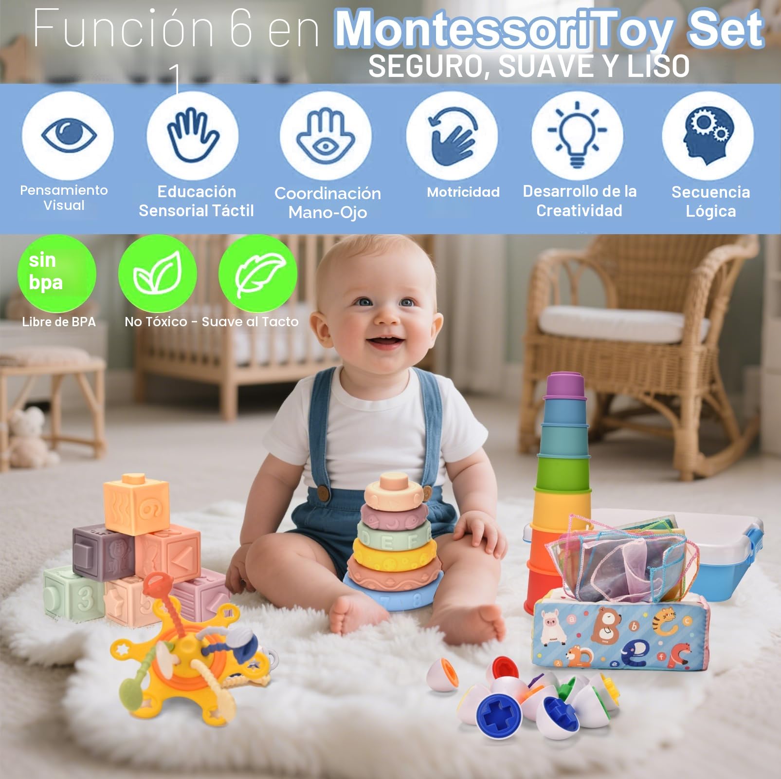 Juguetes Montessori Bebes 6 -12 Meses,6 en 1 Montessori Sensoriales Bebe 1 2 3 Año,uguetes para desarrollar Habilidades motorasz,Bebésn Educativos Bloques de Apilar y Encajar Regalos para Bebés