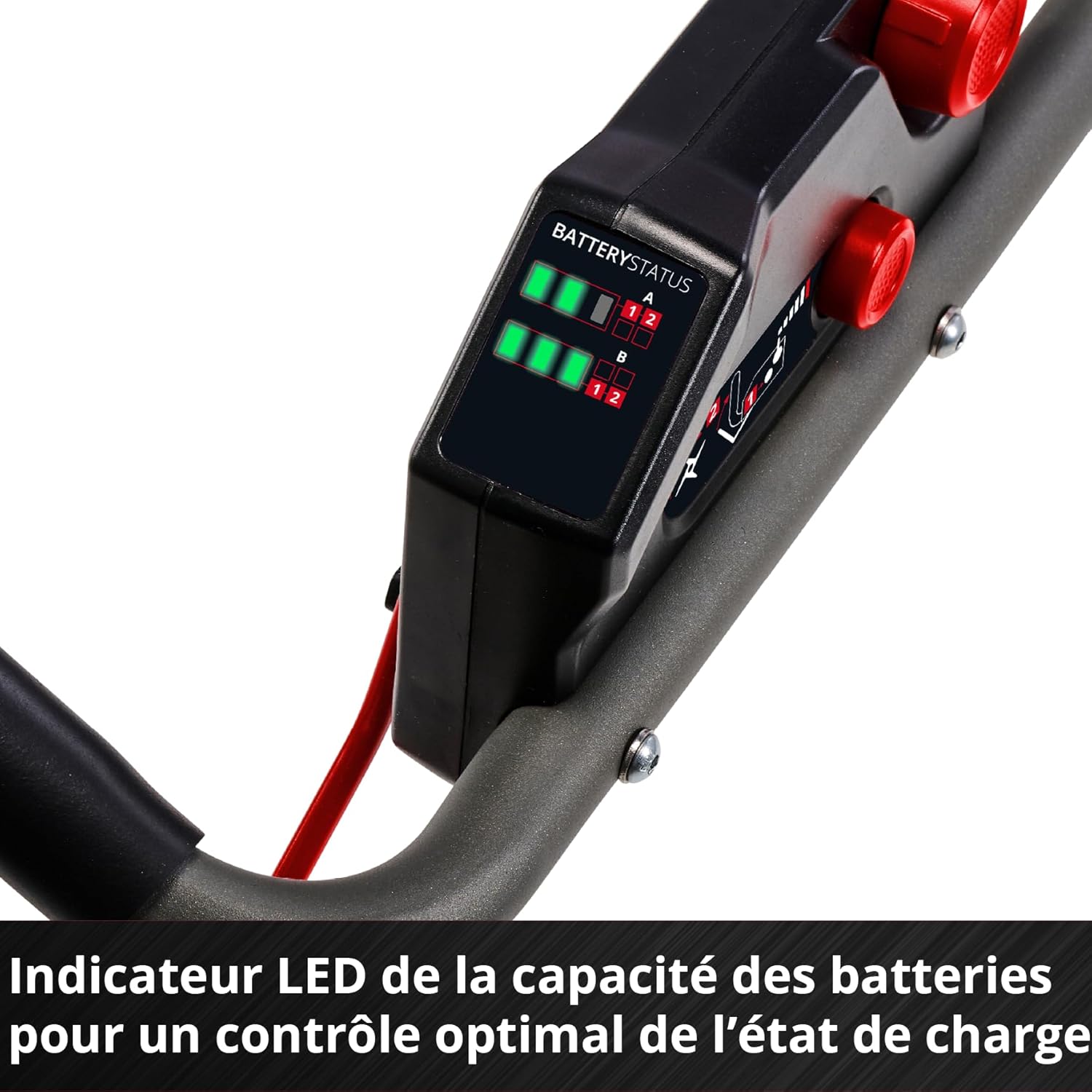 LED battery capacity indicator on the handle of the Einhell Cordless Tiller.