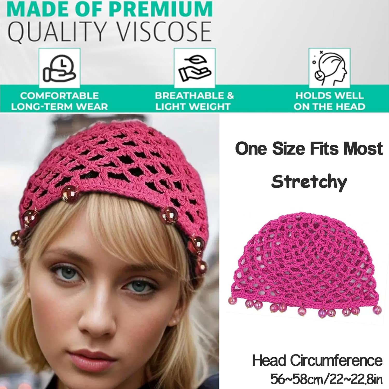 1pc Pink Crochet Hair Mesh Cap with Pearls Knitted Soft Knitting Snood Hair Deco Accessory for Women Girls - Image 2