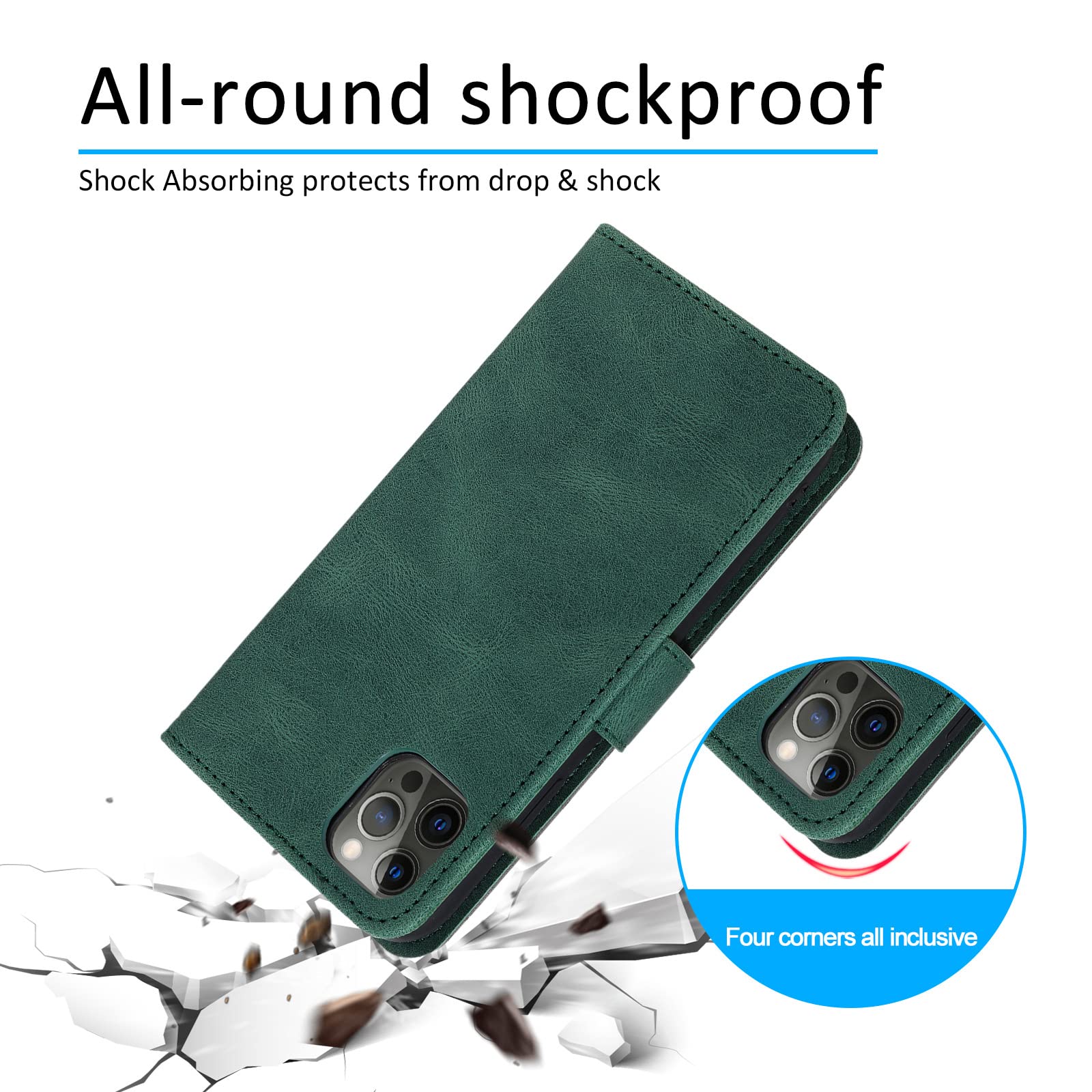 LTL Etui na telefon do iPhone 13 Mini/13/13 Pro/13 Pro Max, wysokiej jakości skórzane etui z klapką, etui z przegródkami na karty, podpórka, magnetyczne zamknięcie, zielony, 13 6,1 cala