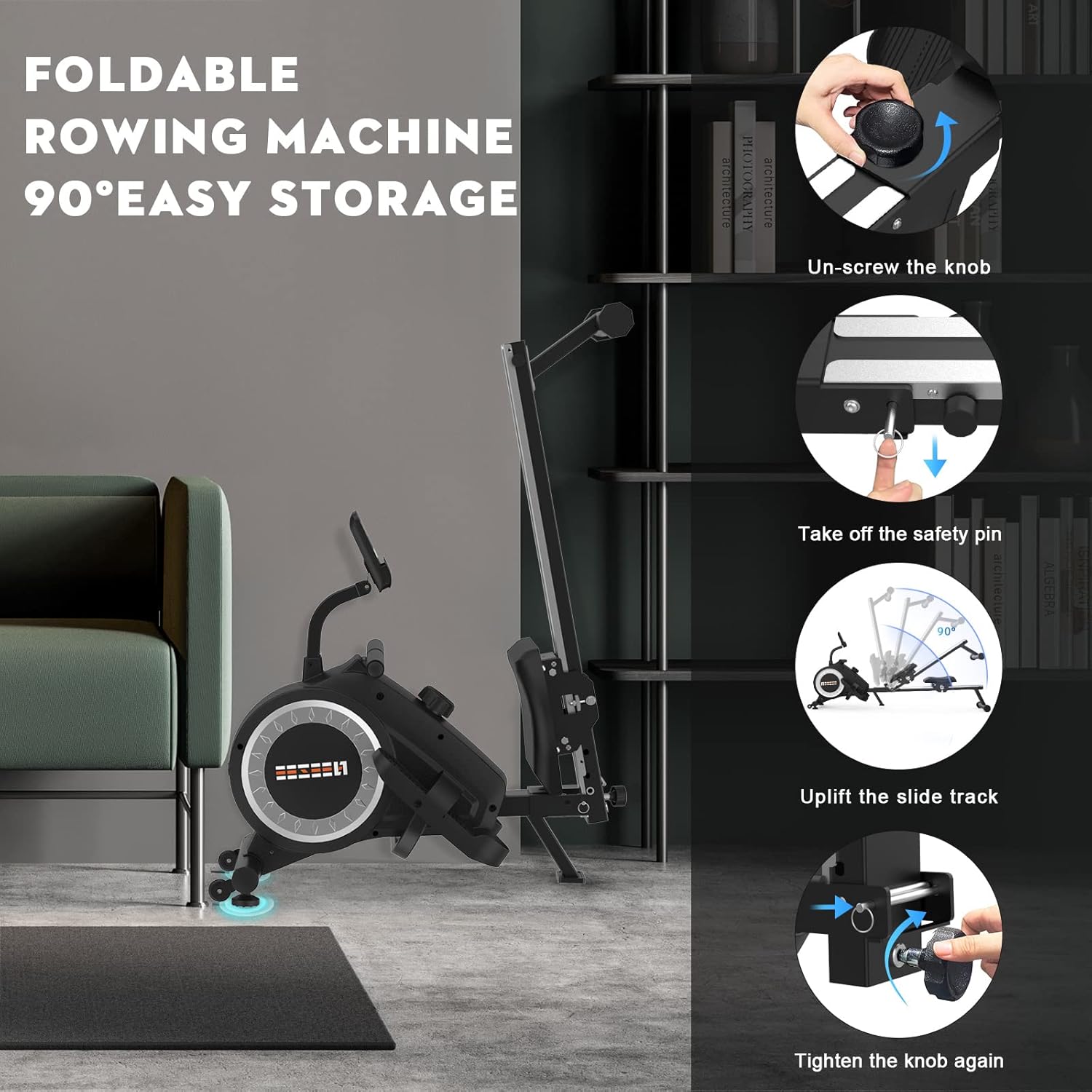 Step-by-step guide on how to fold the Neezee KH101B Rowing Machine for storage, showing unscrewing a knob, removing a safety pin, lifting the slide track, and re-tightening the knob.