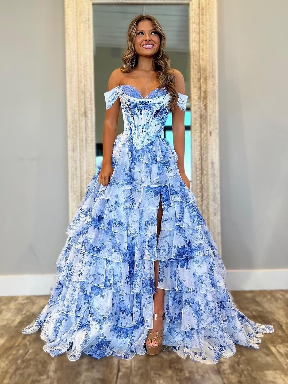 Off Shoulder Floral Print Prom Dresses for Women Tiered Chiffon Ruffle A Line Formal Dress with Slit - Image 6