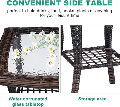 VINGLI Outdoor Side Table with Storage Wicker Patio Side Table, Tempered Glass Top End Table for Balcony Porch Deck (Brown)