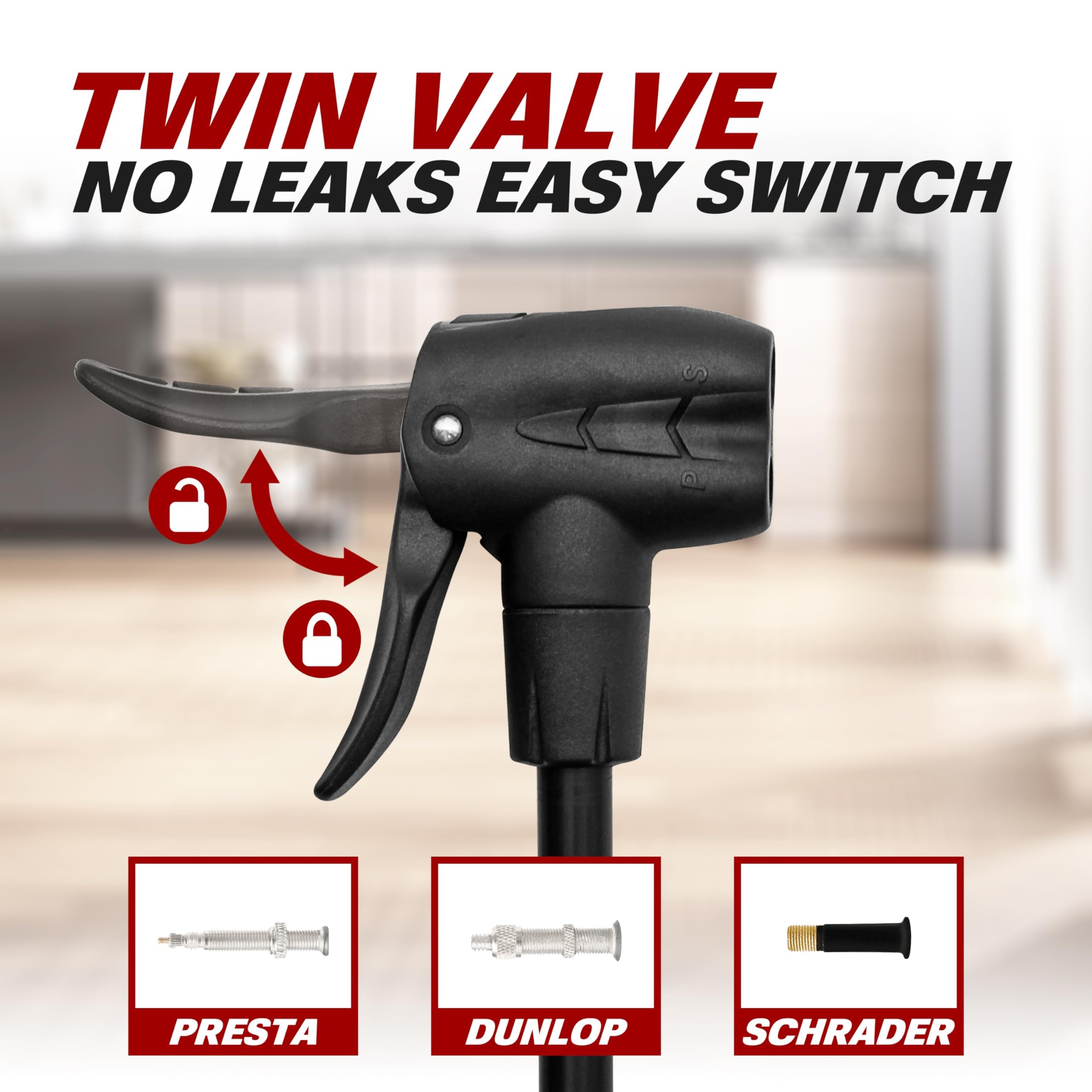 BV Pompe à vélo Durable pour vélo - Pompe à Pied 17/24" - Tête de Valve Intelligente, 160 psi, automatiquement réversible Presta et Schrader