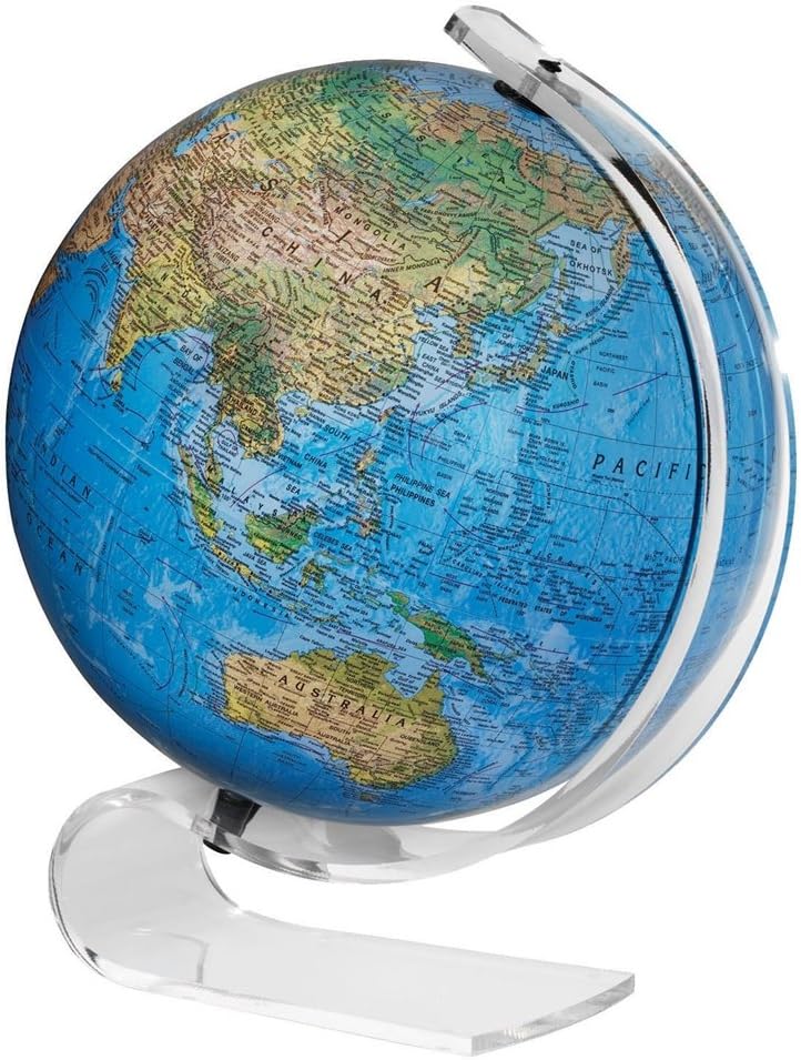 Consulate 12" Diameter Globe, USA Cartography, Modern Acrylic Globe Stand and Blue Ocean Globe Ball. he Consulate is the perfect partnership between modern design and functionality. The acrylic, swans neck Consulate base features a blue ocean, smooth two-way map. You will see vegetational map on outside surface and political map once you turn light on. The perfect accent piece for any room.