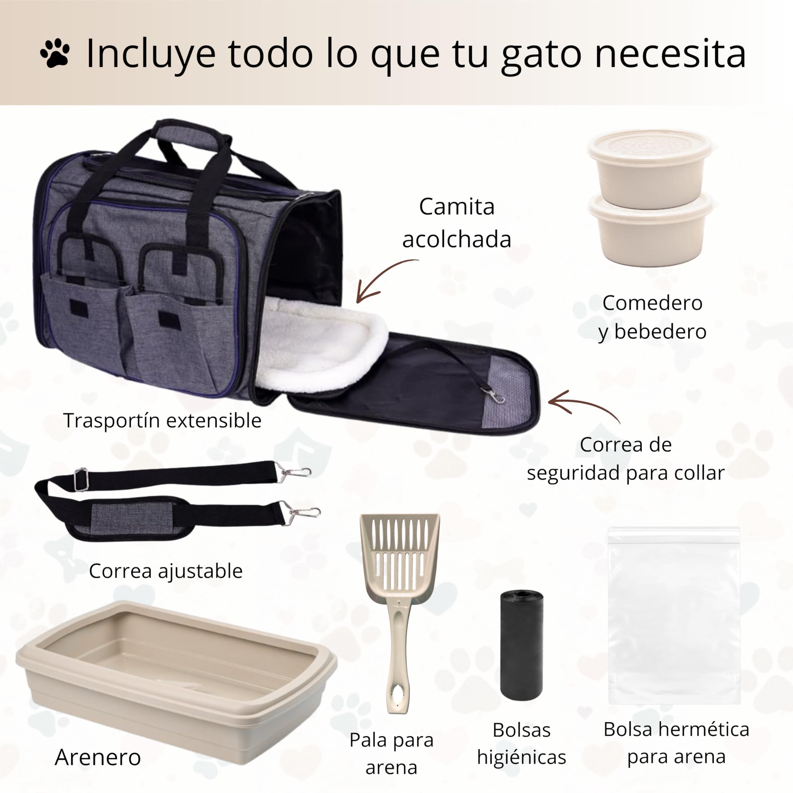 Kit Completo Gatos Accesorios: transportin Gato Grande y arenero Gatos, comedero, Bebedero, camita y Pala - Ideal en Viajes, Coche, Vacaciones y Bienvenida al hogar (Marrón Claro)