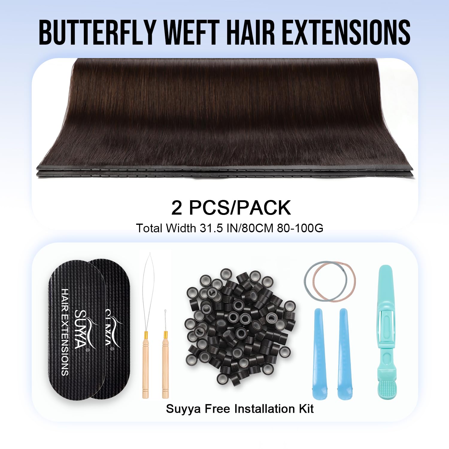 SUYYA Butterfly Weft Hair Extensions Human Hair Glueless OVO Pu Hole Genius Hand Tied Invisible DIY Double Weft Hair Extensions Straight 2PCS 20 inches Color #2 Darkest Brown