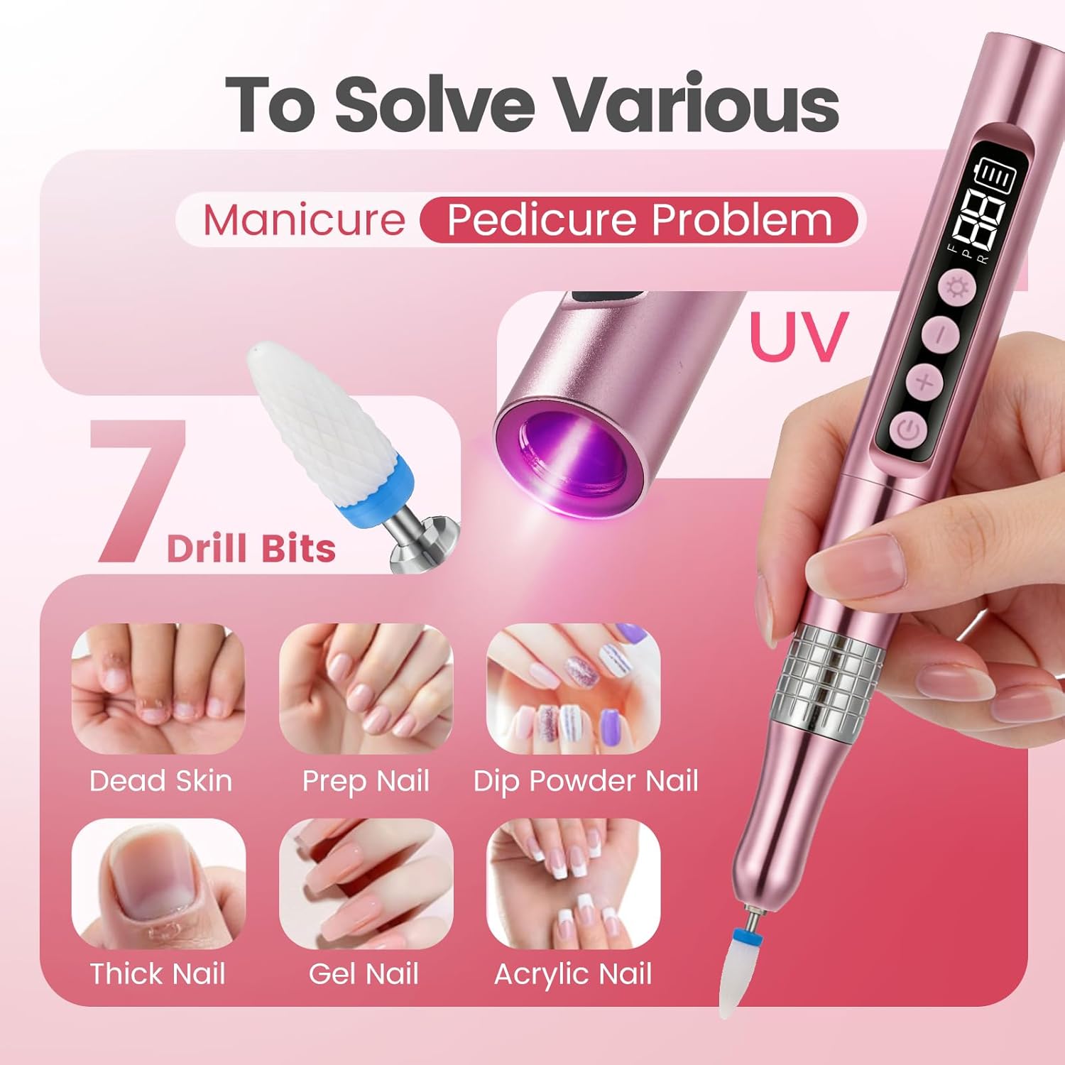 Cordless Nail Drill 35000RPM Electric Nail File Drill Professional Kit Portable Rechargeable 2 in 1 Nail Drill/UV Lamp for Acrylic Gel Nails Low Noise Nail Tools for Home Use, Nail Salon