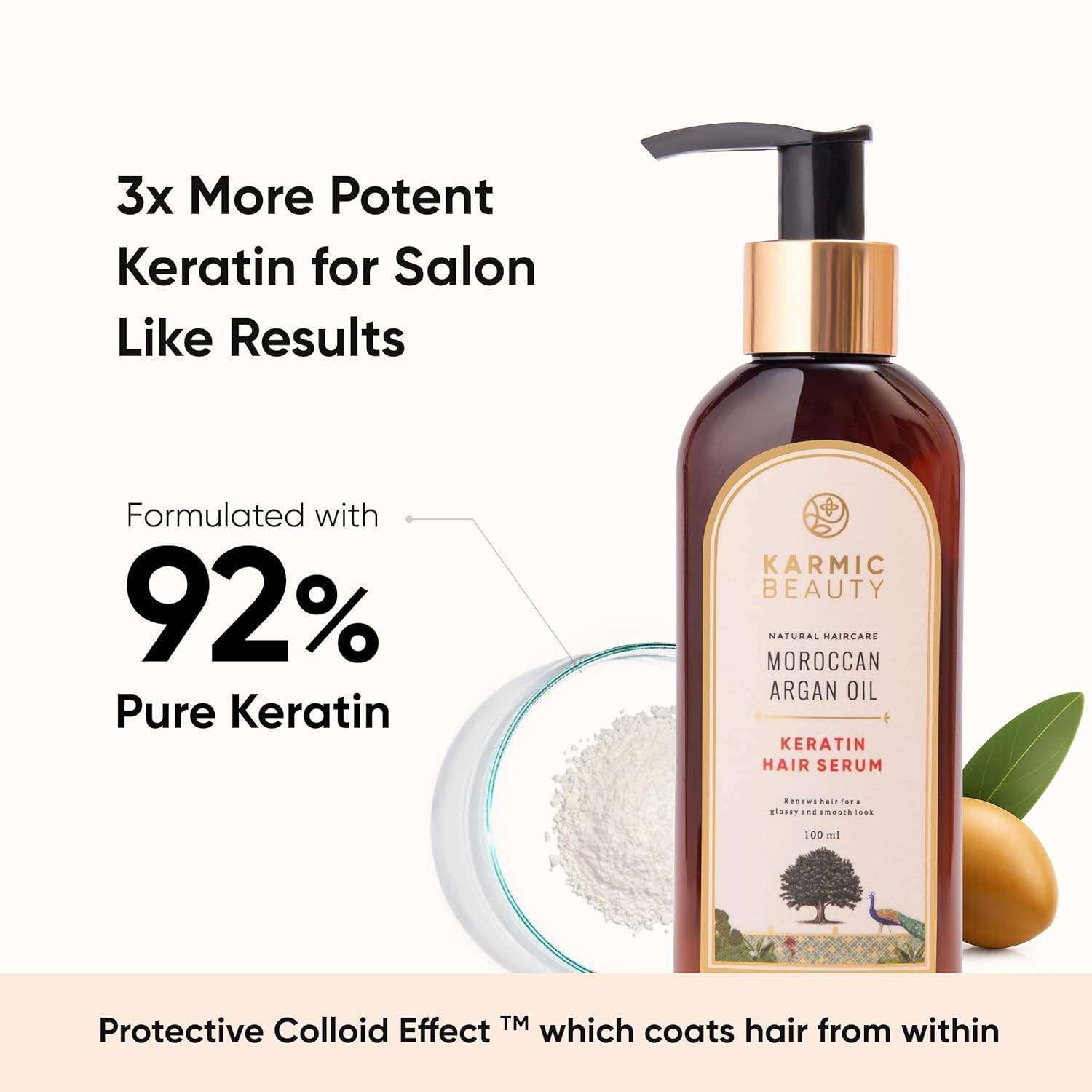 KARMIC BEAUTY 100% Organic Moroccan Argan Oil & Natural Keratin Luxurious Hair Serum | Get Smooth, Silky & Shiny Hair | Lightweight & Non-Greasy Formula | Sulfates & Parabens Free | 3.4 fl oz