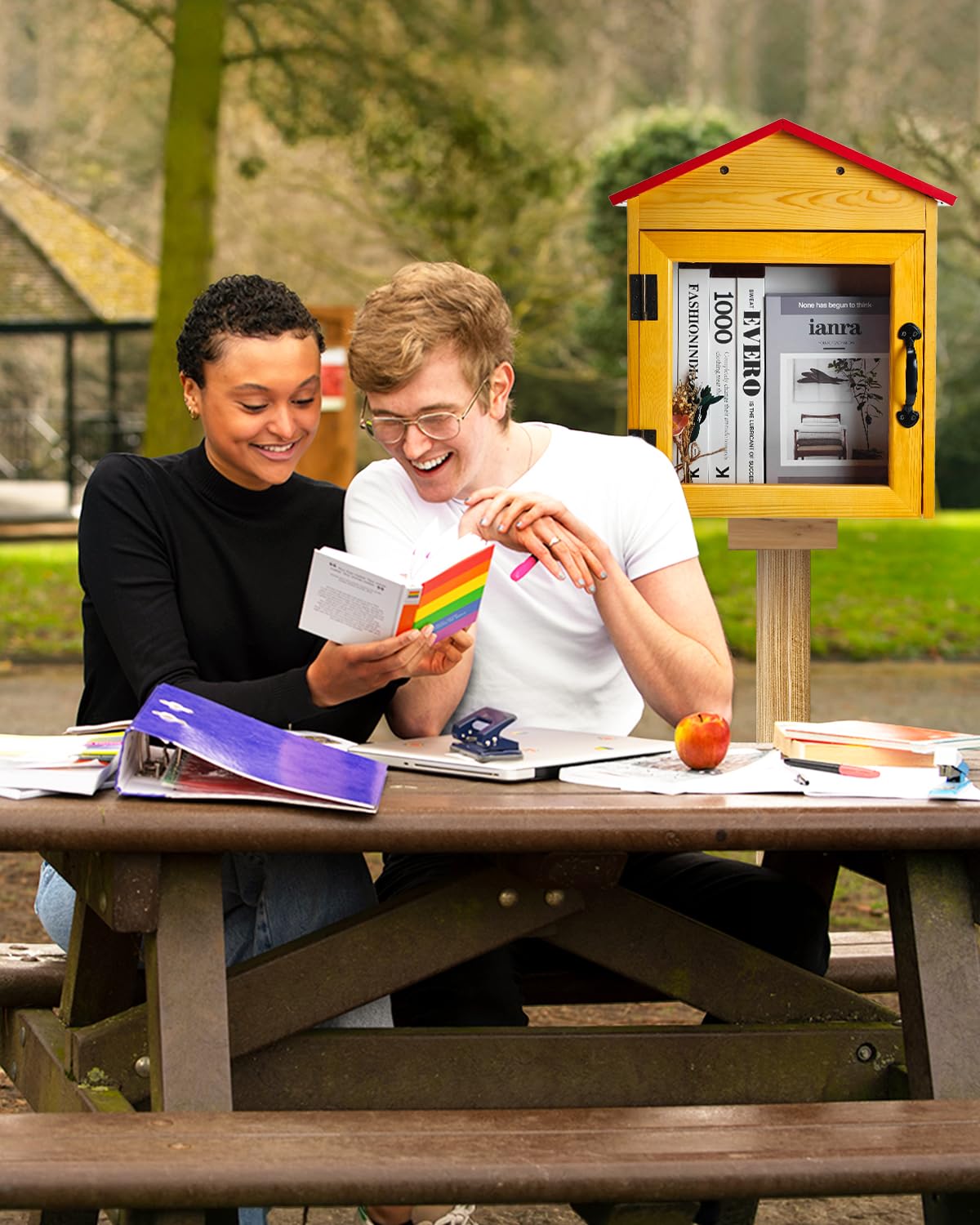 Little Library Box Outdoor - Armadietto in legno con tetto rosso per libri, letteratura e giornali