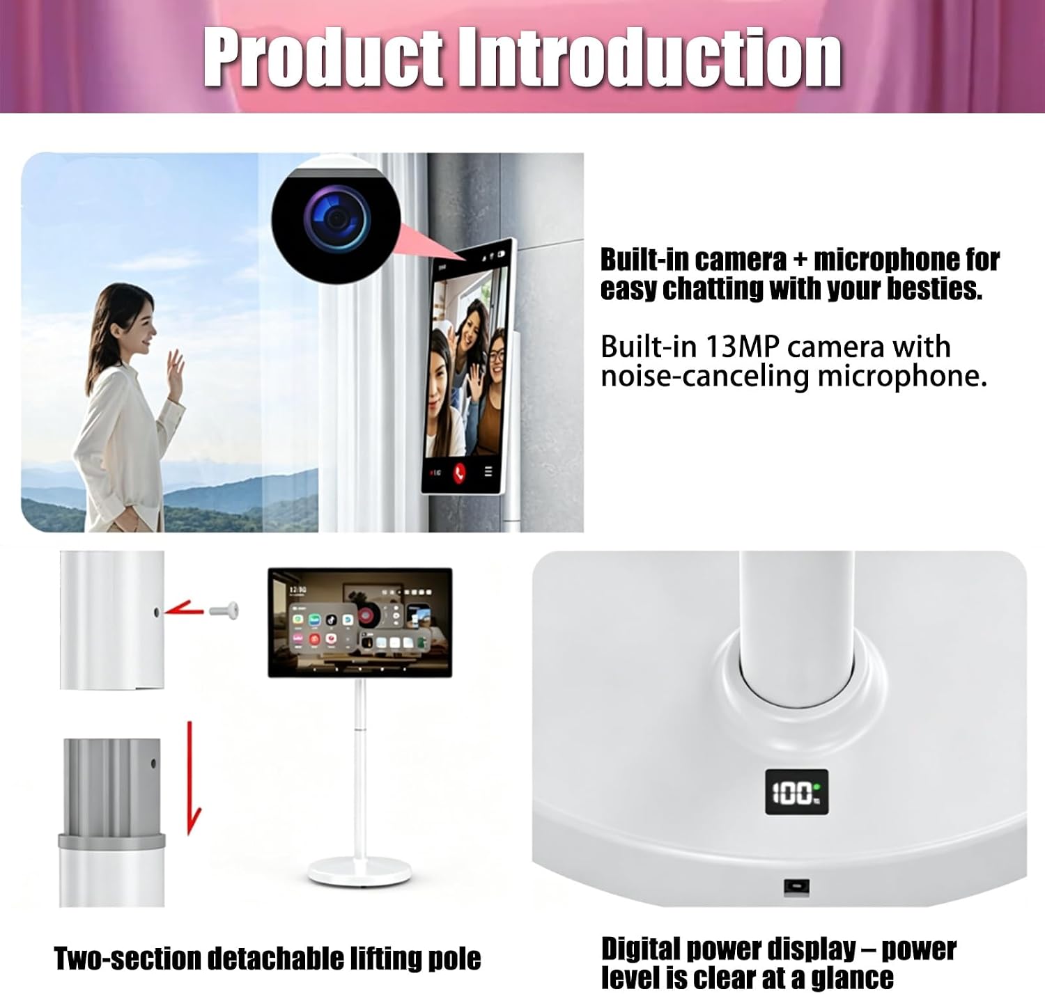 Touchscreen Portable TV 21.5"/24"/27"/32" Smart Mobile TV, Rotatable Outdoor TV with 13MP Camera, Adjustable TV Floor Stand for Indoor/Outdoor Movie, Video Call, Gaming(21.5inches,4GB+64GB)
