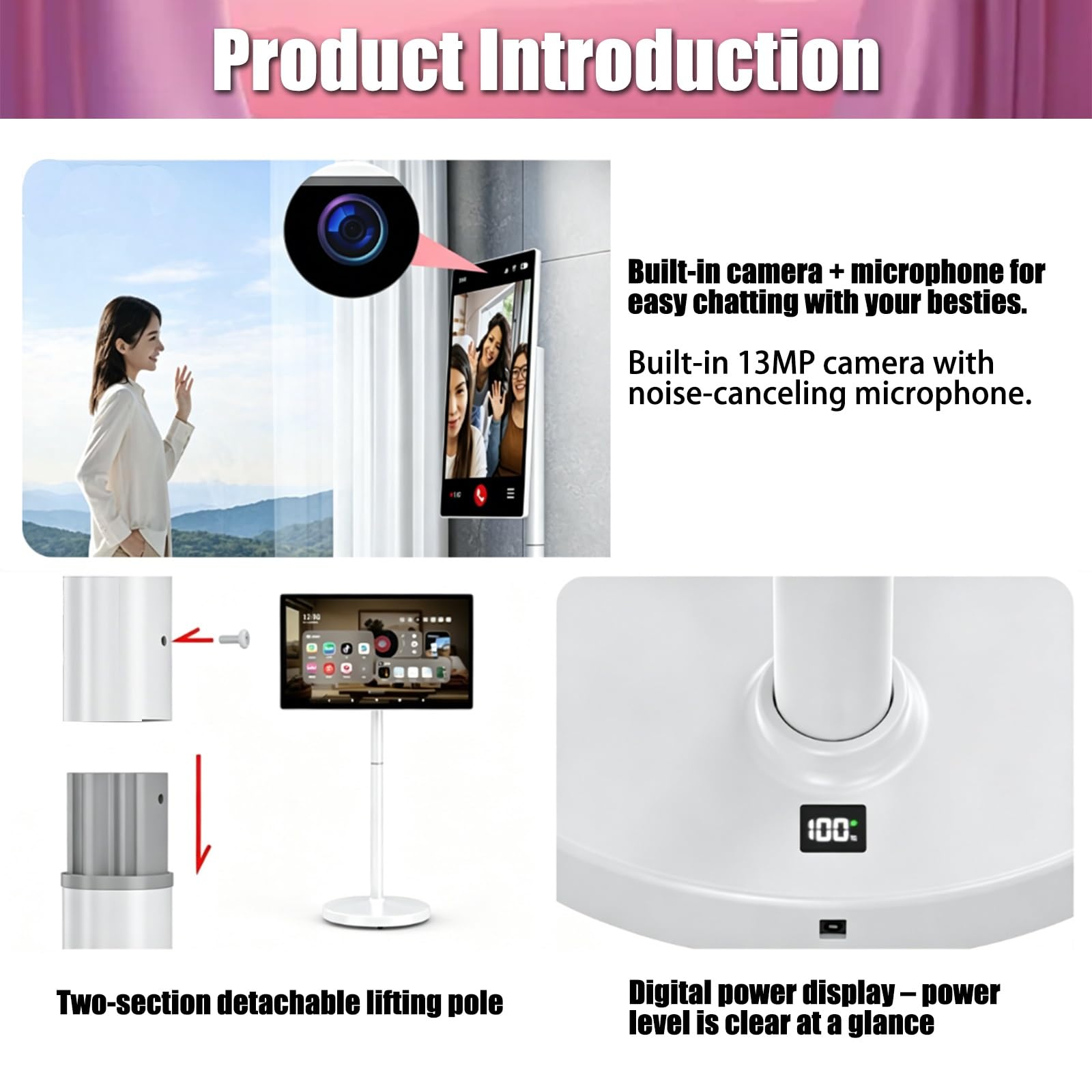 TV Portatile Intelligente 21.5/24/27/32 Pollici, con Batteria ad Alta capacità, Telecamera HD e Bluetooth, Operativo Android, 4GB+64GB/8GB+128GB, Schermo Touch(32inches,8GB+128GB)