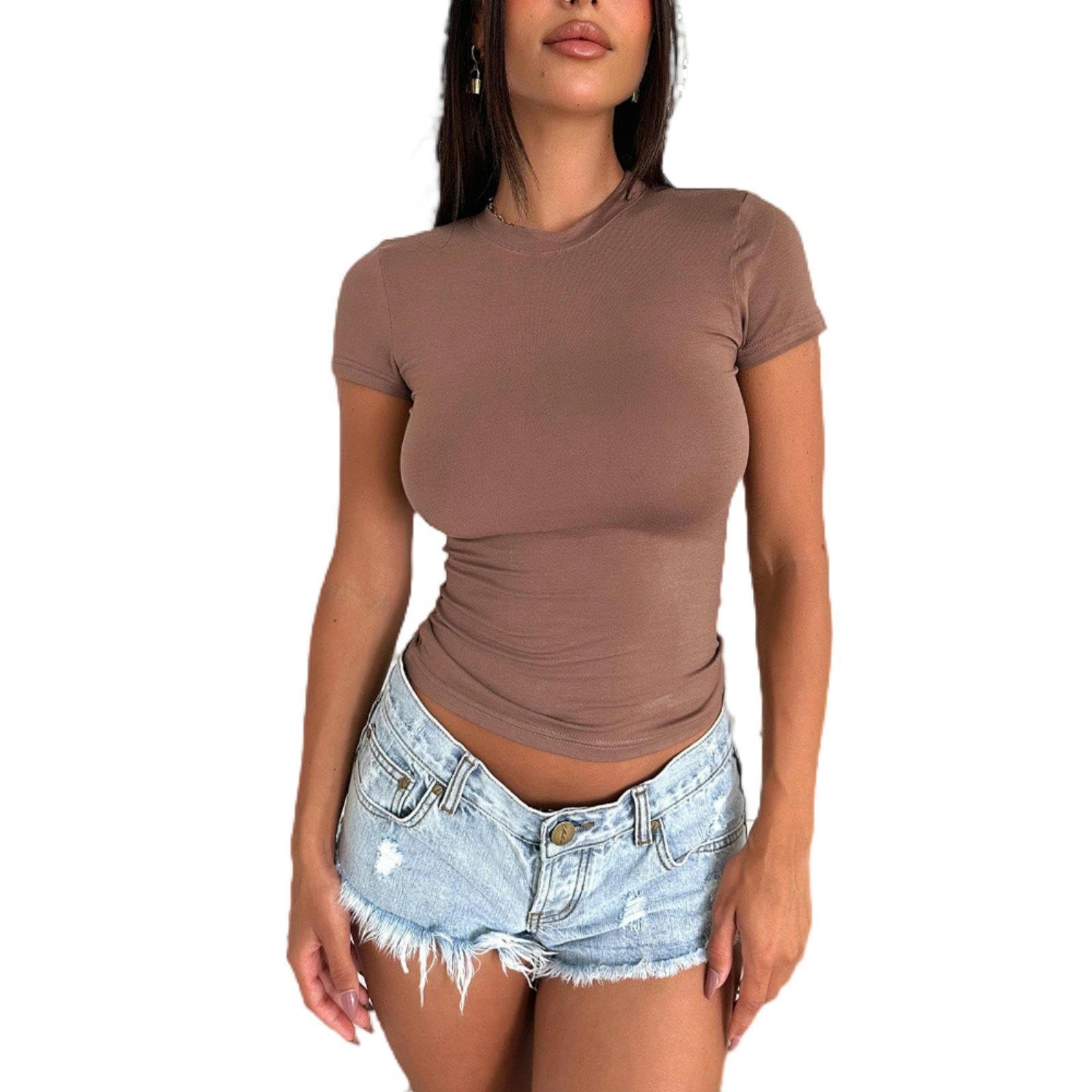 T-shirt Y2K femme café XL : haut manches courtes tendance vintage pour le printemps