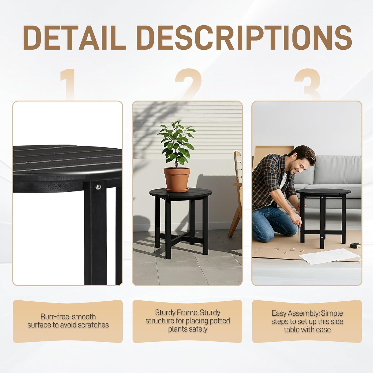 Outvita Adirondack Side Table, 18 Inch Round Outdoor End Table, HDPE Weather Resistant Coffee Table for Patio Balcony Deck Garden, Black