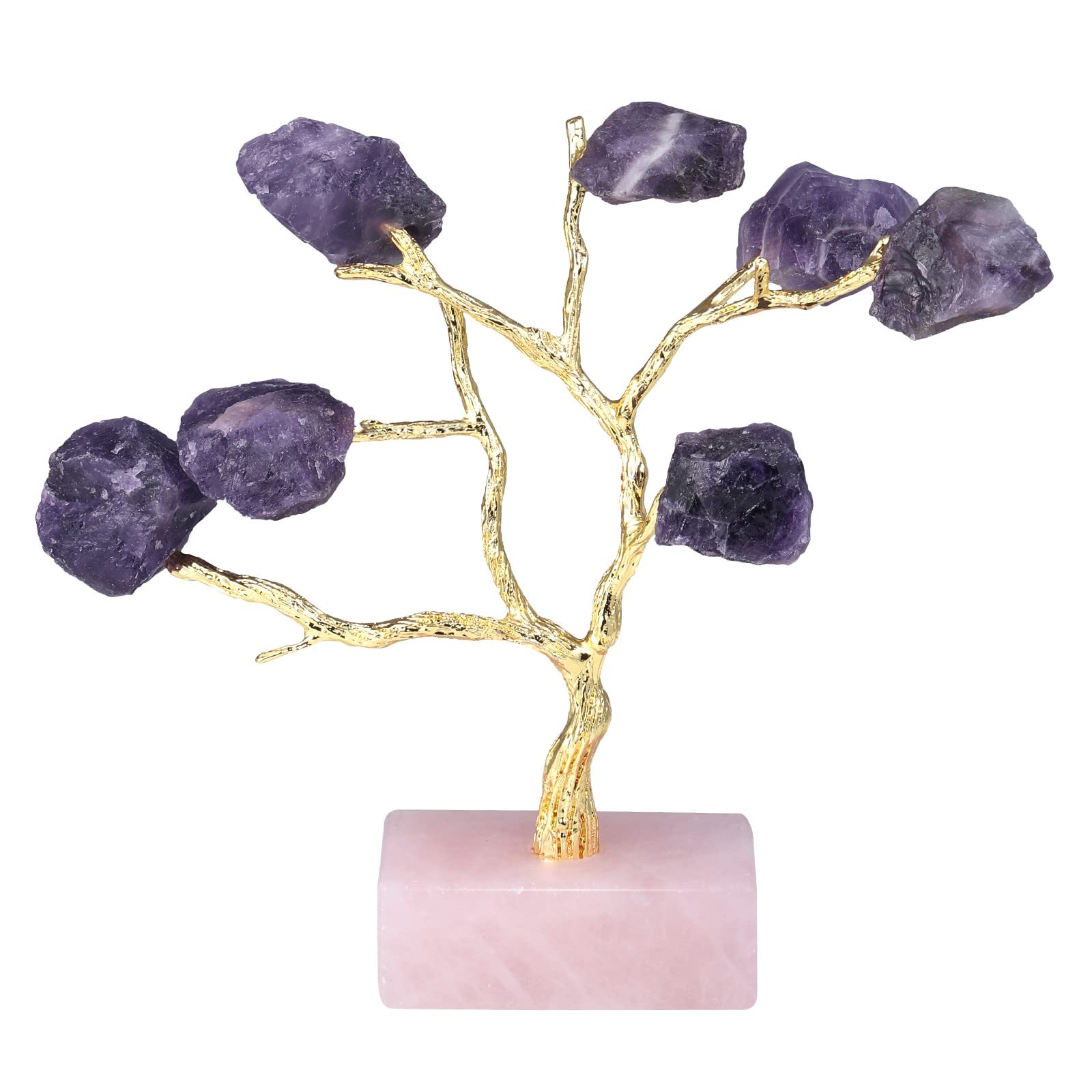 SUNYIK Amethyst Healing Crystal Money Tree on Natural Polished Rose Quartz Base, Jewelry Tree Stand Display Necklace Earrings Holder Organizer