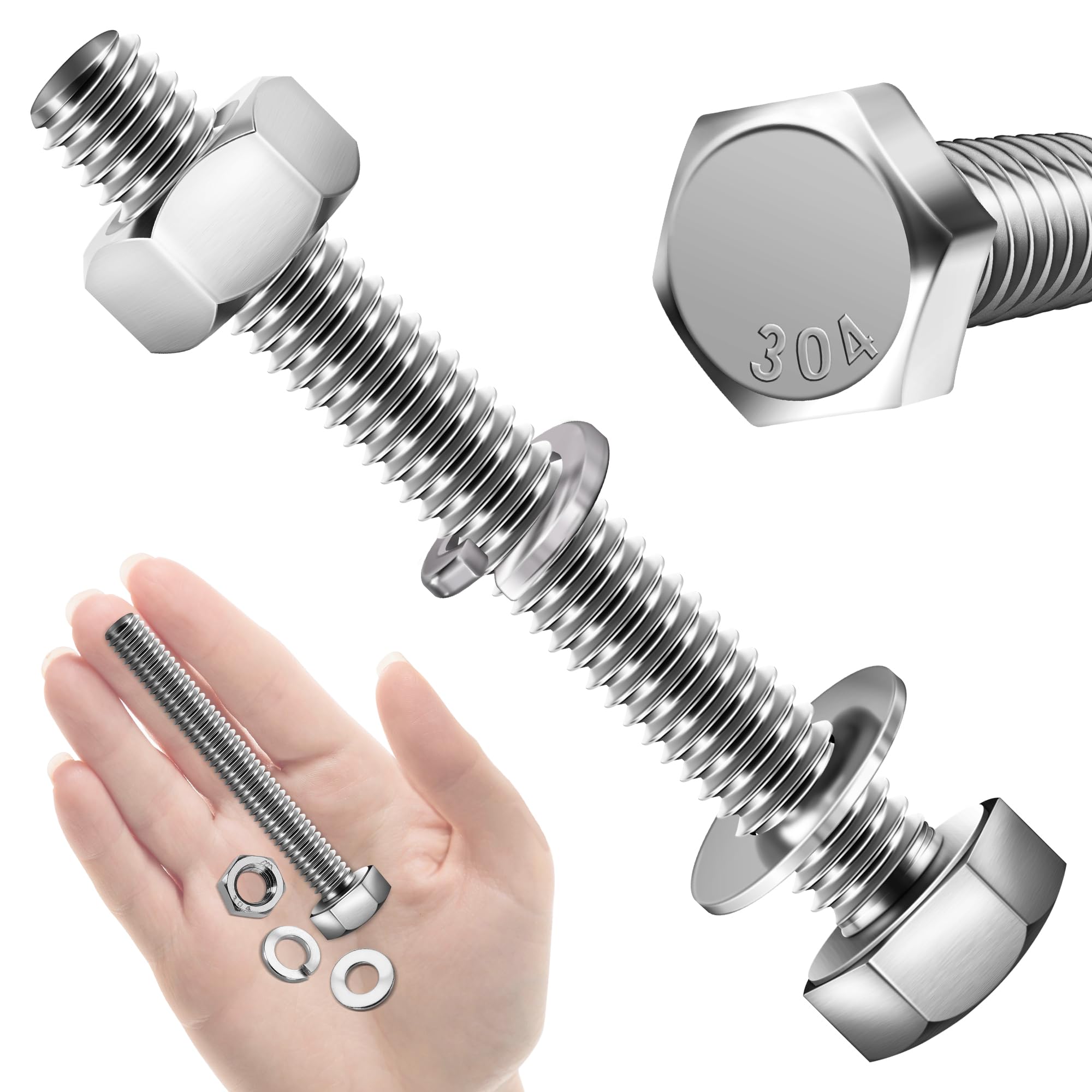 Mywish (10 Sets) 5/16-18x2-1/2 Hex Head Assorted Screws Nuts and Bolts with Flat & Lock Washers, 304 Stainless Steel 18-8, Fully Threaded, 5/16 Bolt