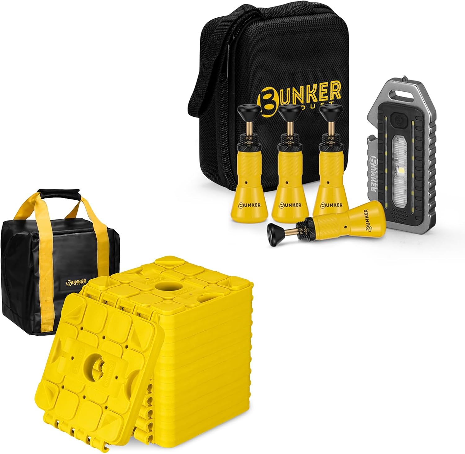 BUNKER INDUST 10 Pack RV Leveling Blocks/Stackable Jack Blocks/Interlocking Design + Adjustable Auto-Stop Offroad Tire Air Deflator Kit