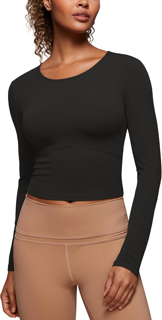 CRZ YOGA Butterluxe Scoop Neck Long Sleeve Shirts for Women - Workout Athletic Casual Tops Crop Slim Basic Tight Shirt