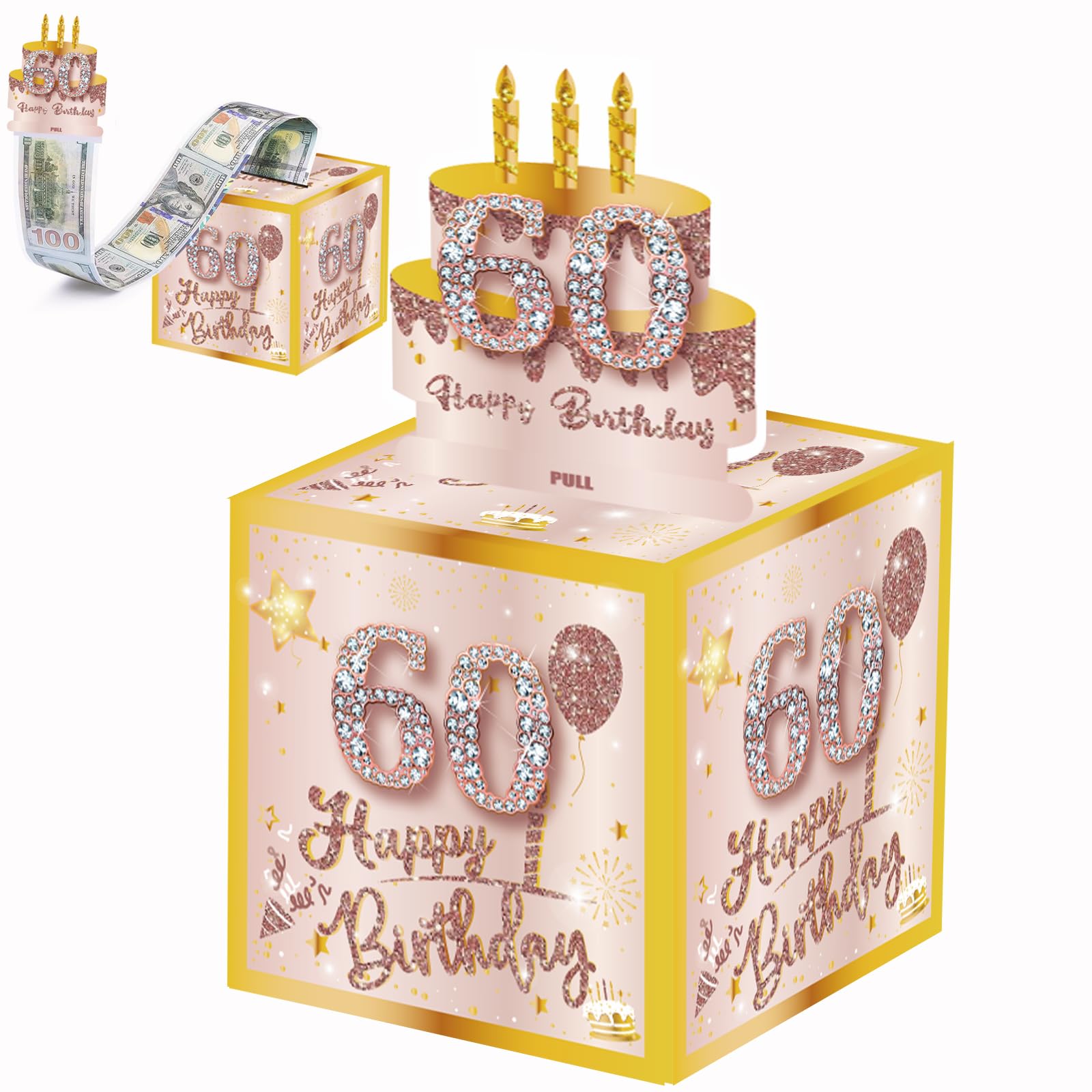 Muiltvoe Color-Rose Gold Happy 60Th Birthday Money Box For Cash Gift,Rose Gold Pull Surprise Money Gift Box For 60Th Birthday Presents,Money Cake Pull Out Cash,60Th Money Box,Happy Birthday Money Gift Box For Him Her Adult