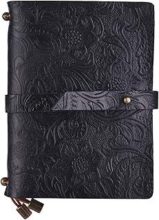 caderno de couro vintage,Couro Vintage Em Relevo Padrão Diário de Viagem Notebook Alinhado Em Branco Grade de Papel Diário Recarregável Notepad Presente para Homens & Mulheres Esboçando Escrever