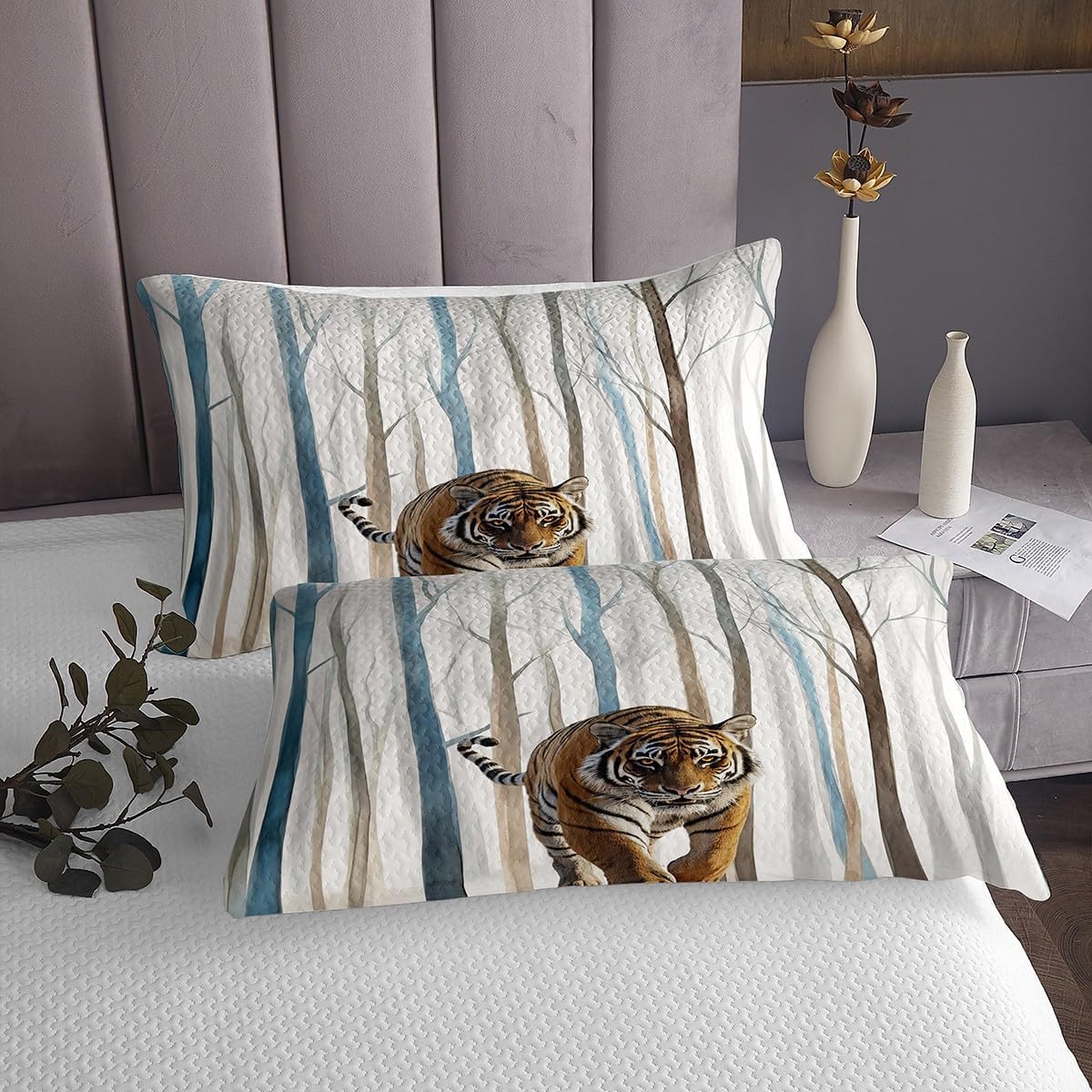 Erosebridal Tiger Bedspread Set King,Brown Blue Abstract Tree Coverlet Sets for Kids Teens,Woodland Animal Bedding Set with 2 Pillow Cases