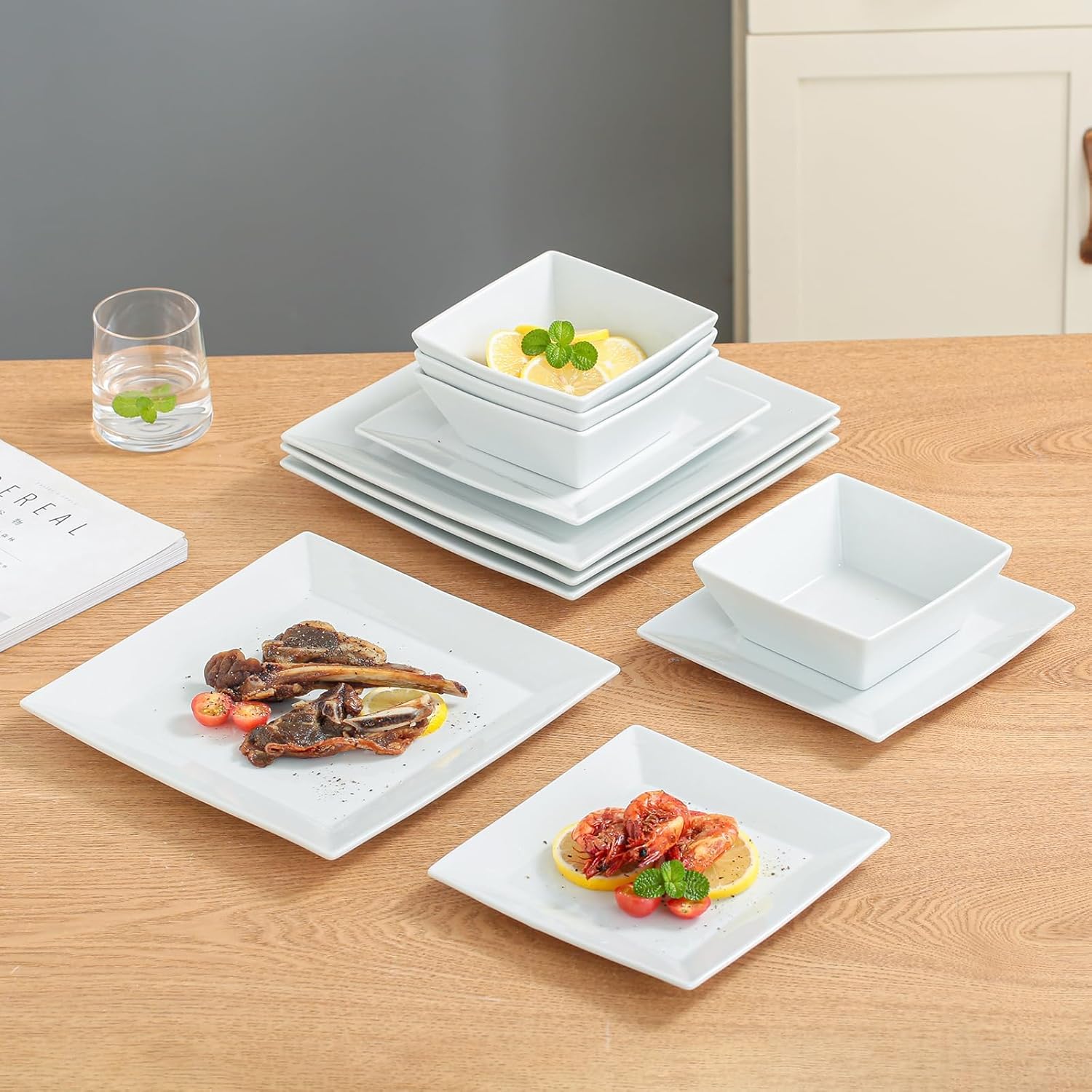 DOMINI 12-Piece Ceramic Kitchen Dinnerware Set, Service for 4, Porcelain Dishes Dinner Set, Square Dinnerware Sets with Dinner Plates, Dessert Plates and Pasta Bowls,Square-White - Image 2