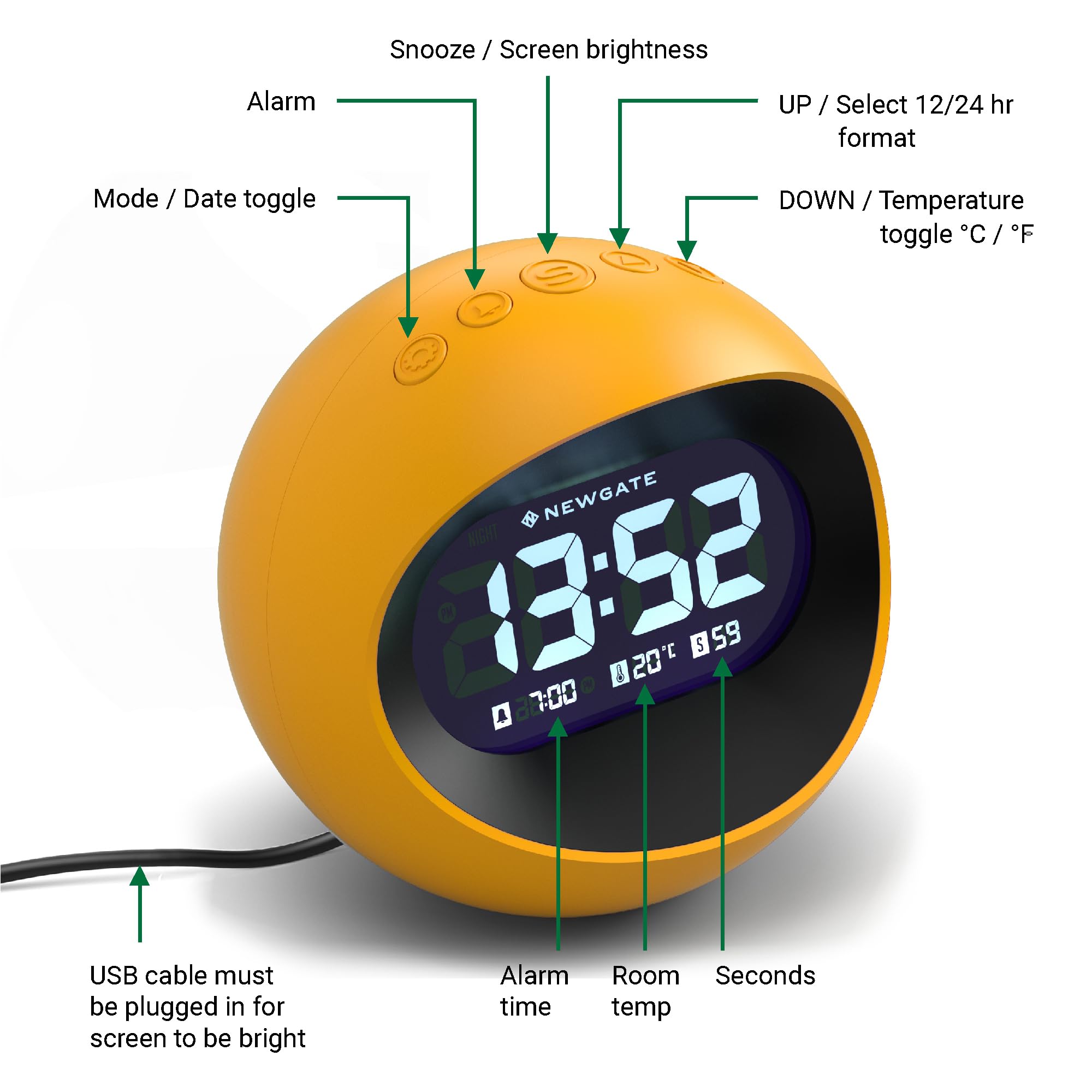 NEWGATE® Centre of the Earth alarm clock, Yellow, 11 x 11.5 x 11 cm - Image 3