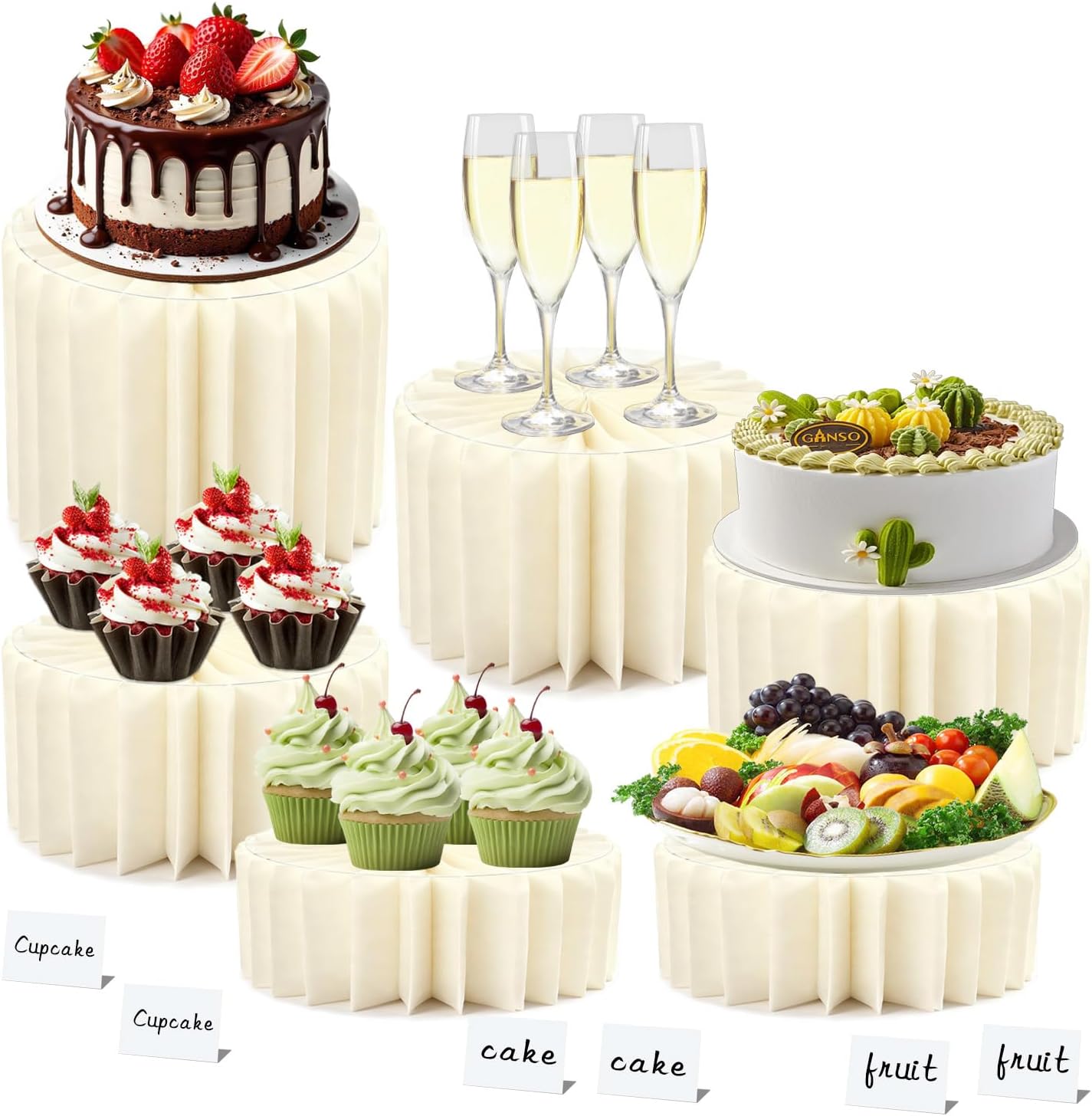 6 Pcs Foldable Buffet Risers ，Table Cylinder Display Stand Foldable Bases，Multi-Level Dessert Stands for Cupcakes，Party, Wedding, Event Decor ，Jewelry (white, 2 sizes 6pcs) (white, 4 sizes 6pcs)