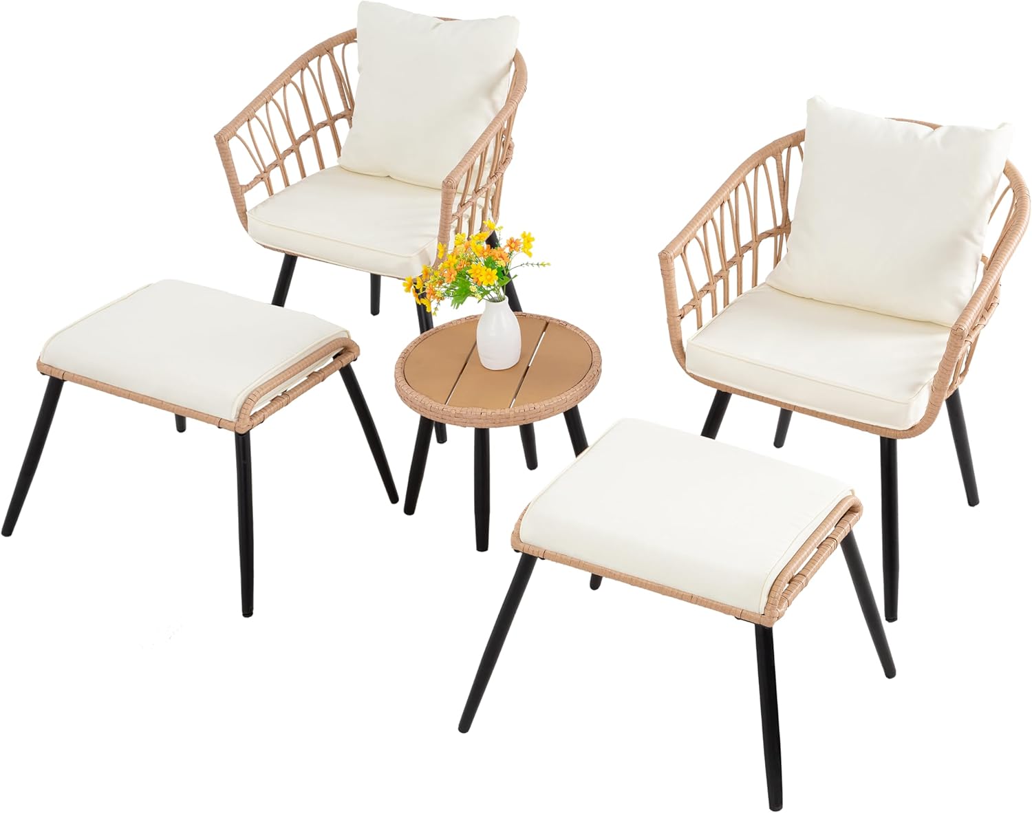 Bistro Table and Chairs Set of 2-5 Piece Outdoor Patio Furniture Set with Thick Round Rattan, Patio Chair with Ottoman and Padded Seat & Backrest for Backyard, Porch (Yellow)
