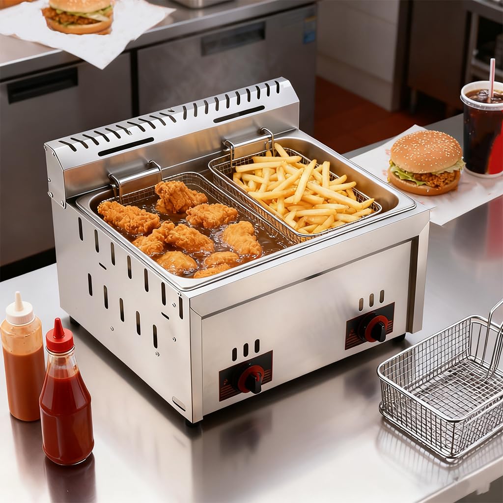Freidora Industrial De 12 L, Freidora De Metano De Acero Inoxidable, Freidora De Un Solo Tanque, 2 Cestas De Fritura, Desmontables,Calentamiento En Forma De U