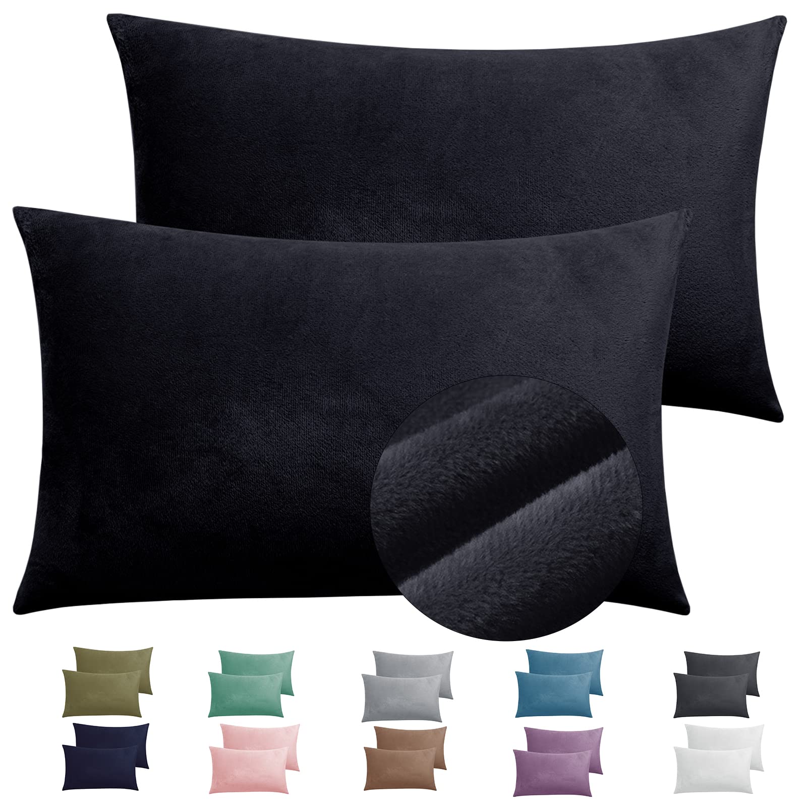 2 pack zippered velvet queen pillowcases, super soft and cozy luxury fuzzy flannel pillow cases with zipper, 20x30 inches, black