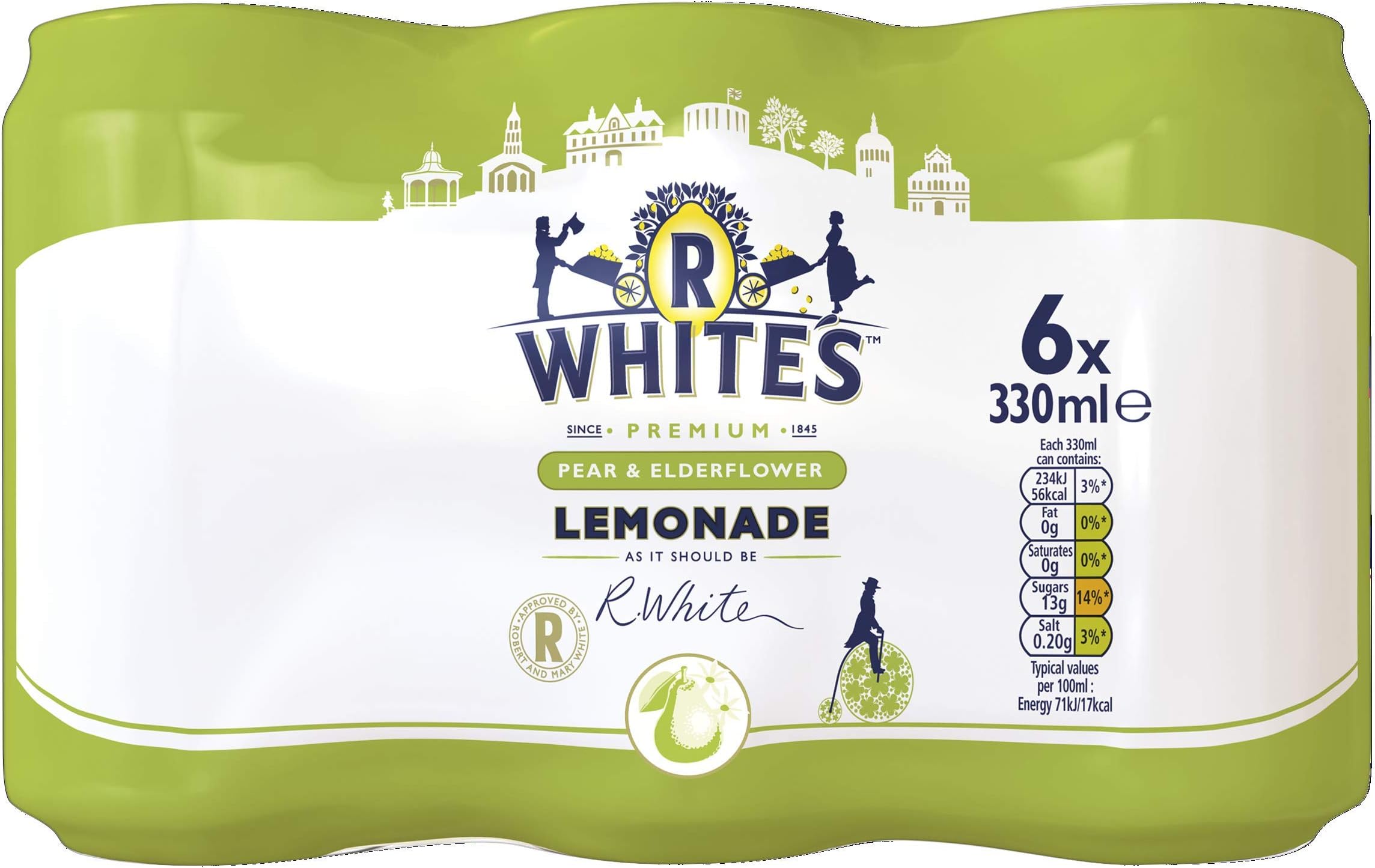 R Whites Premium Pear and Elderflower Lemonade Cans, 330ml (Pack of 6)