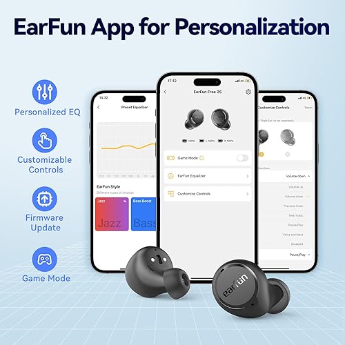 Miniatura 4 de EarFun Auriculares inalámbricos 2S gratis, versión mejorada Auriculares Bluetooth con graves profundos, 4 micrófonos para llamadas claras,
