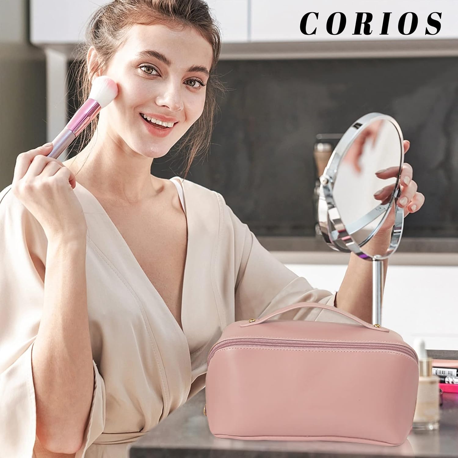 CORIOS Large Capacity Travel Cosmetic Bag Make Up Bag with Handle and Zipper Multifunction Waterproof Toiletry Bag PU Travel Organiser Bag Wash Bag for Women Ladies Girls Pink A