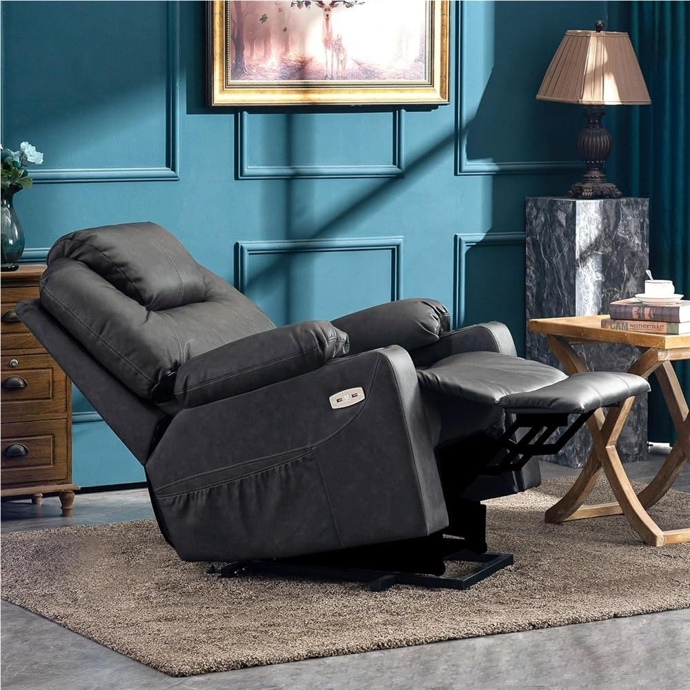 Power Lift Recliner Chair Grey Leather with Massage and Heat for Elderly Comfort Casual Single Sofa with USB Ports for Living Room Electric Recliner
