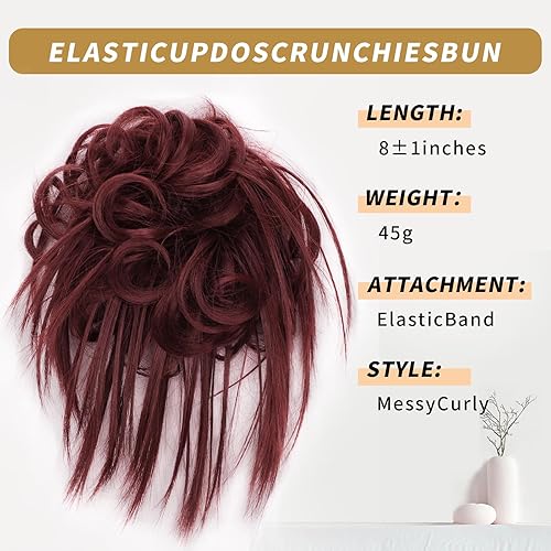 Miniatura 2 de Lativ Extensiones de cabello con banda de goma elástica, moño rizado, ondulado, moño sintético para mujeres y niñas (color rojo vino)