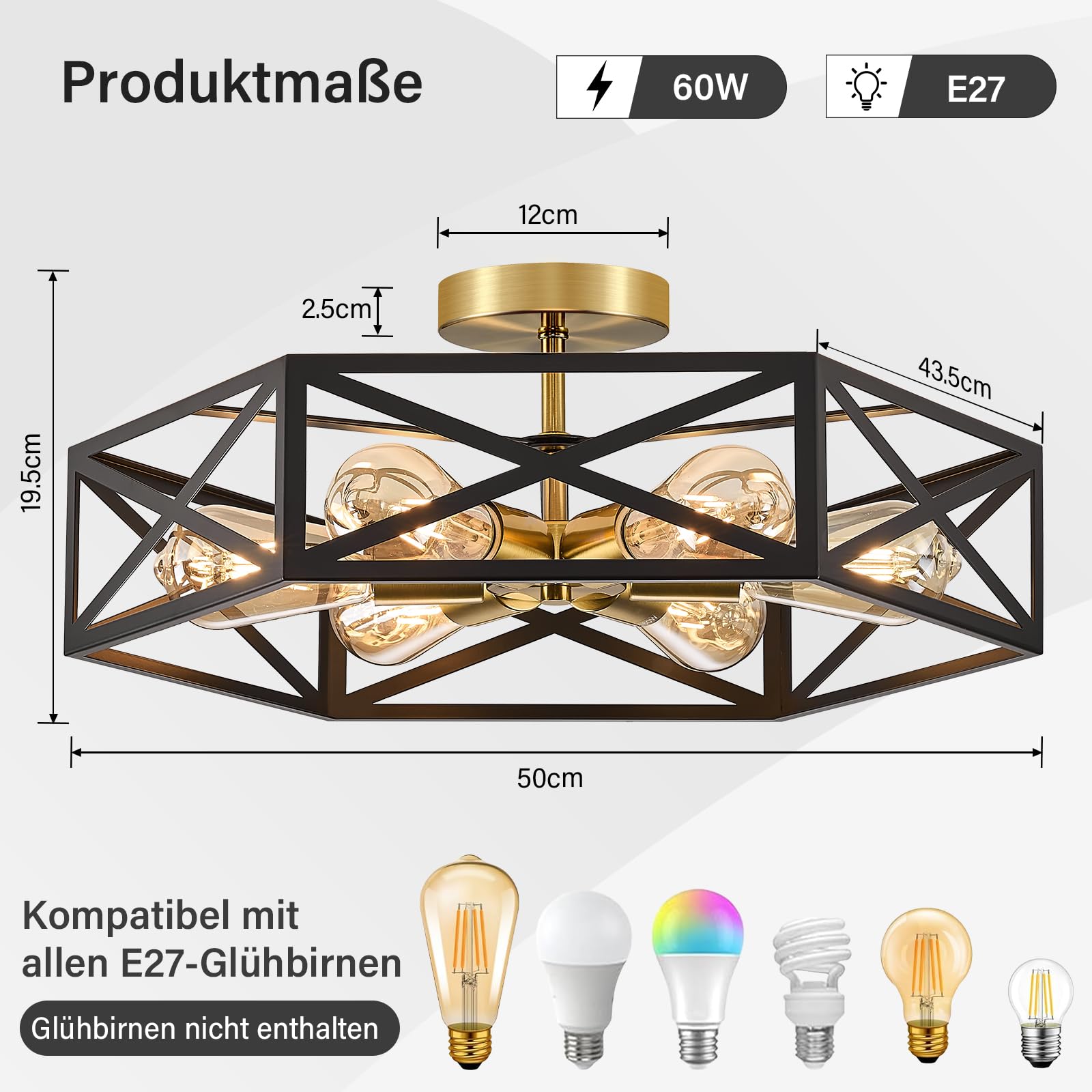 Lampada a Soffitto Vintage Nera e Oro 6 Luci E27, Stile Industriale Semincassata, Struttura in Metallo, Design a Gabbia Moderno per Cucina, Ingresso, Camera da Letto, Soggiorno
