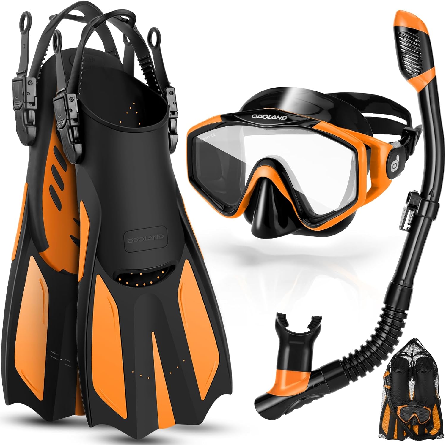 Odoland Snorkel Set, Adults Kid Snorkeling Packages with Dry Top Diving Mask, Adjustable Swim Fins, Mesh Bag, Anti-Fog Anti-Leak Snorkeling Gear for Men Women Orange L/XL (US Men 9-13/ Women