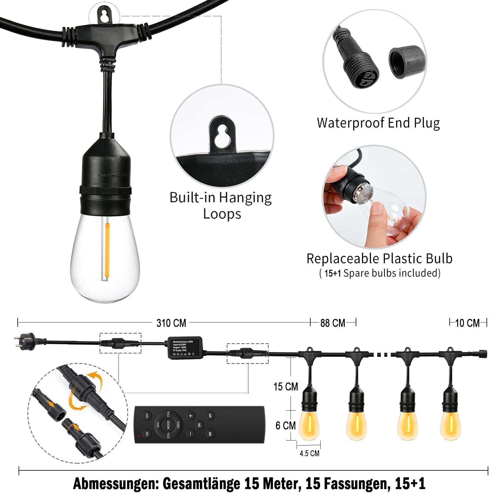 15M Lichterkette Außen E27 mit Dimmer,Wasserdicht IP65 mit Fernbedienung | 15+1 S14 LED Plastikbirnen, 2700K Warmweiß,Dauerlicht/Atemlicht/ Blinklicht,Timer-Funktion,Speicherfunktion