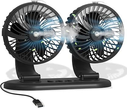 4" Dual Head Car Misting Fan USB Powered With 2 Spray Mister | 360 Degree Rotatable,Electric Air Circulation & Cooling Fans For Outdoor,Vehicle,Van,Truck,SUV,RV,2 Speeds,Small Fan
