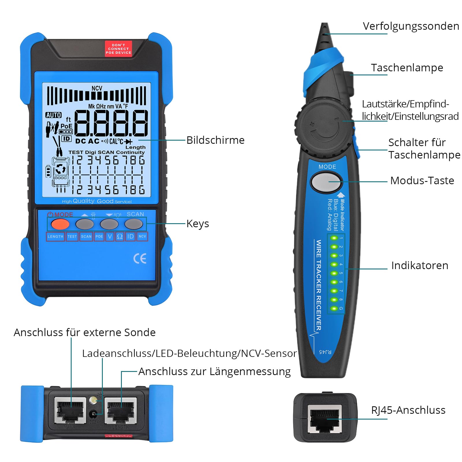 Netzwerk Kabeltester POE/NCV Kabel Tracker, Multifunktions Netzwerktester mit LCD-Display, Kabel CAT5/CAT5e/CAT6/Cat7/Cat8 Wire Tracker, Testlängenmessung für Netzwerkkabel
