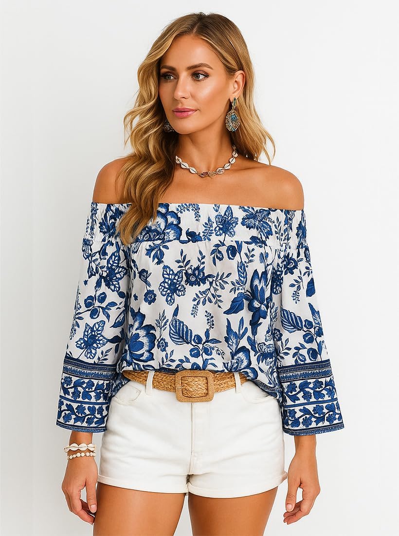 Tropical Off Shoulder Boho Tops for Women Summer Casual Floral Long Sleeve Loose Blouse - Image 6