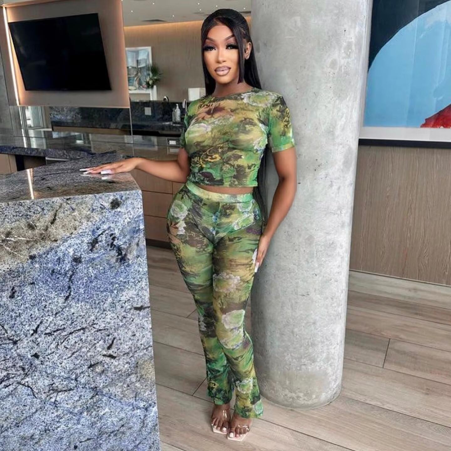 Uni Clau Sexy Two Piece Outfits for Women Short Sleeve Floral Printed Mesh Bodycon Flared Pants Sets Matching Sets Jumpsuit - Image 4