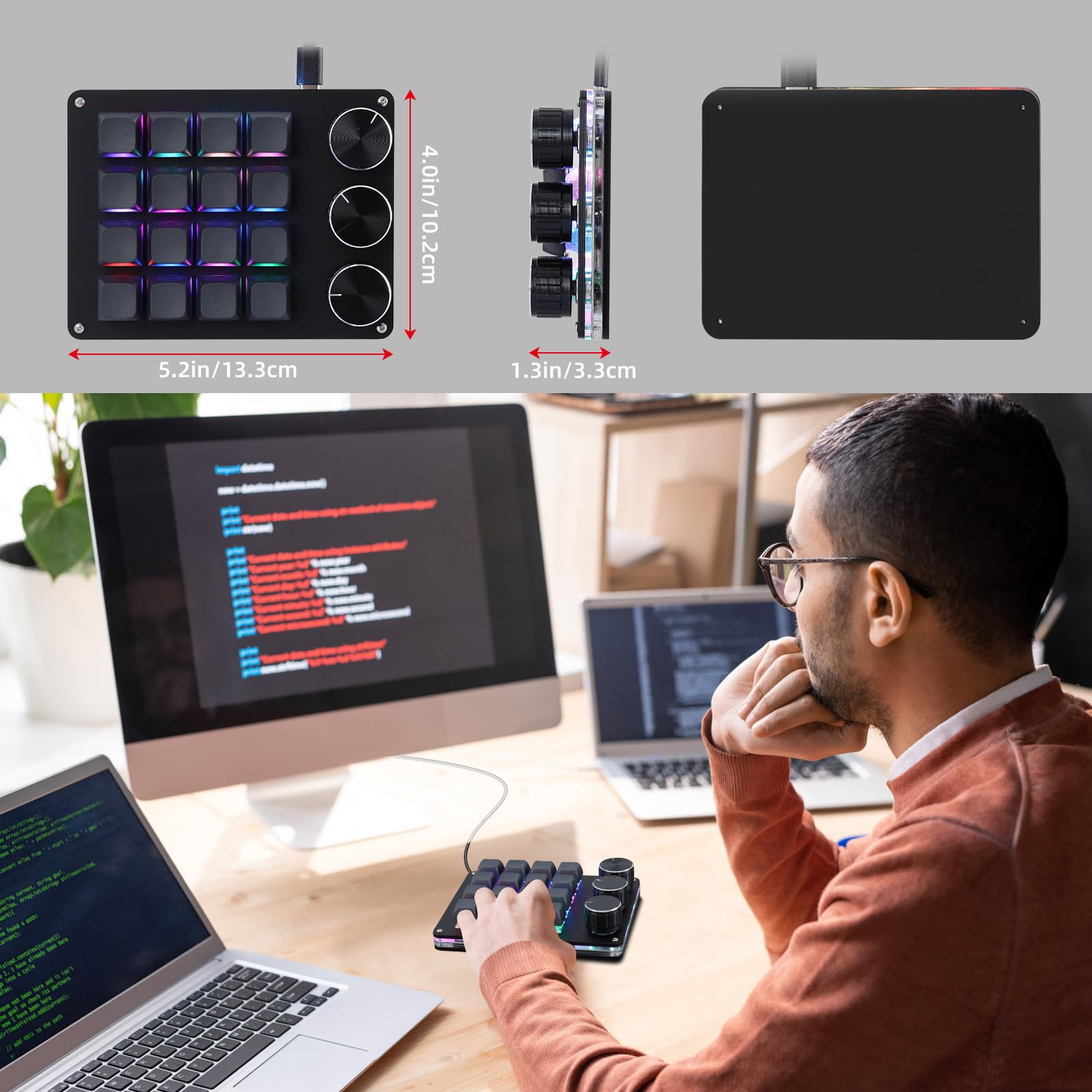 Koolertron Programowana klawiatura 16 przycisków, przenośna mini klawiatura z 3 pokrętłami, w pełni konfigurowalna klawiatura makro z podświetleniem RGB, 6 poziomów regulacji, klawiatura gamingowa do