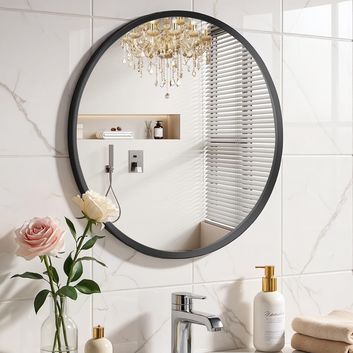 Brushed Black Large Round Bathroom Mirror for Wall, 36 inch Large Black Circle Mirror for Wall, New Frame Design, Tempered Glass,Wall Mounted Circle Mirror for Vanity, Entryway, Bedroom