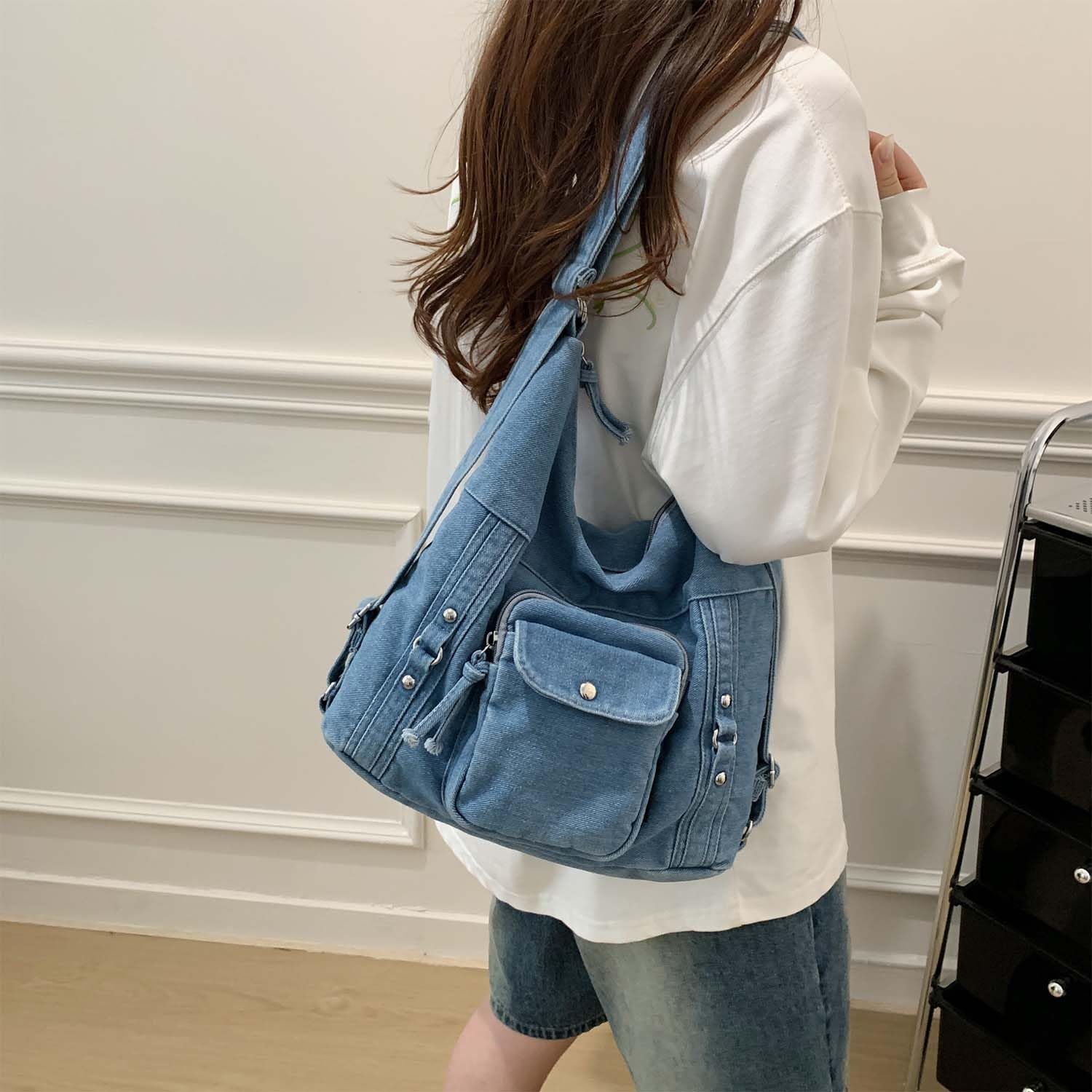 Borsa hobo da donna in denim, borsa a tracolla multidirezionale borsa a
