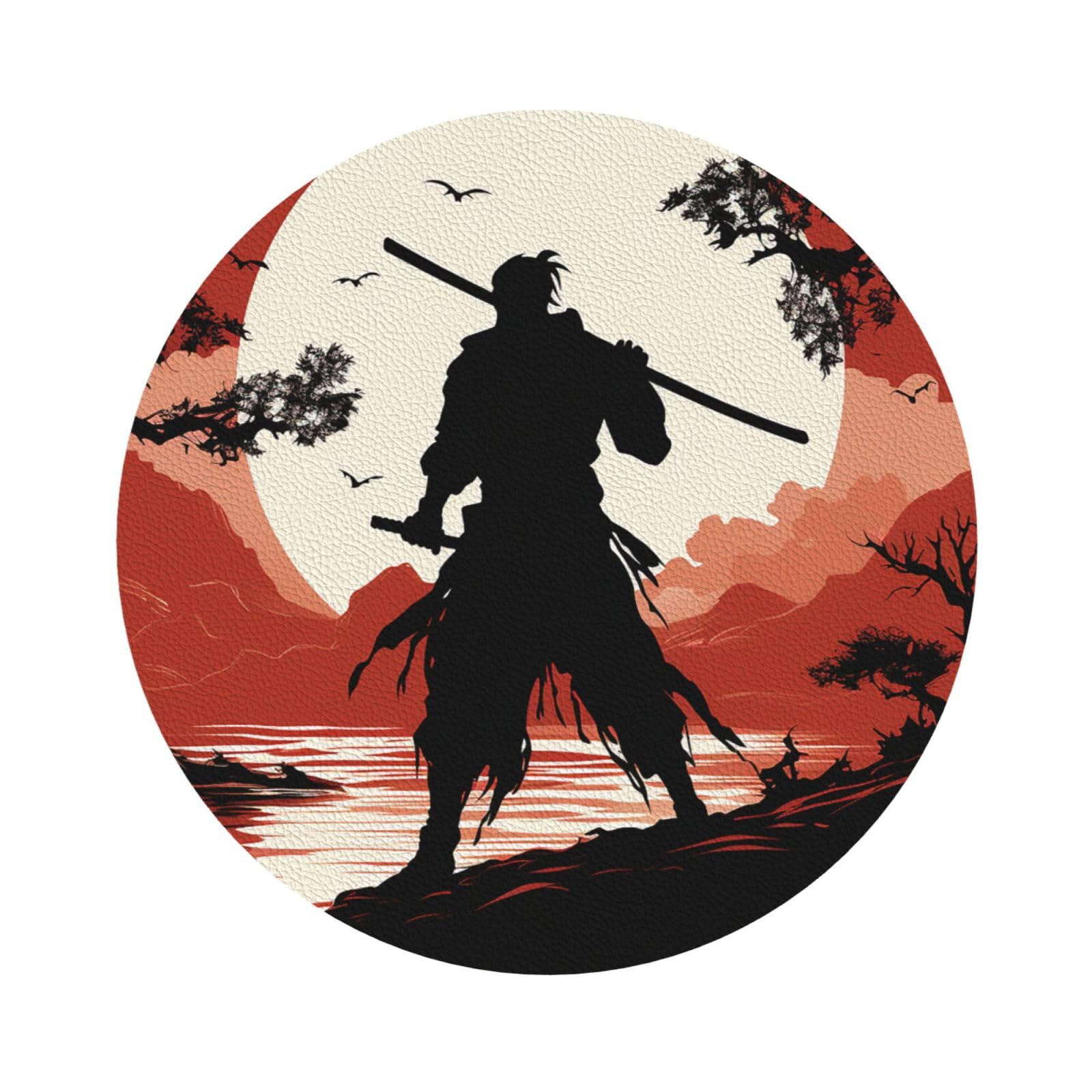 Fodpand Round Shape Samurai Drink Coasters Set Of 4, Heat Resistant Leather Coasters Fuuny Bar Beer Beverage Coaster For Drinks, Absorbent Cup Mat For Tabletop Protection, Housewarming Gift