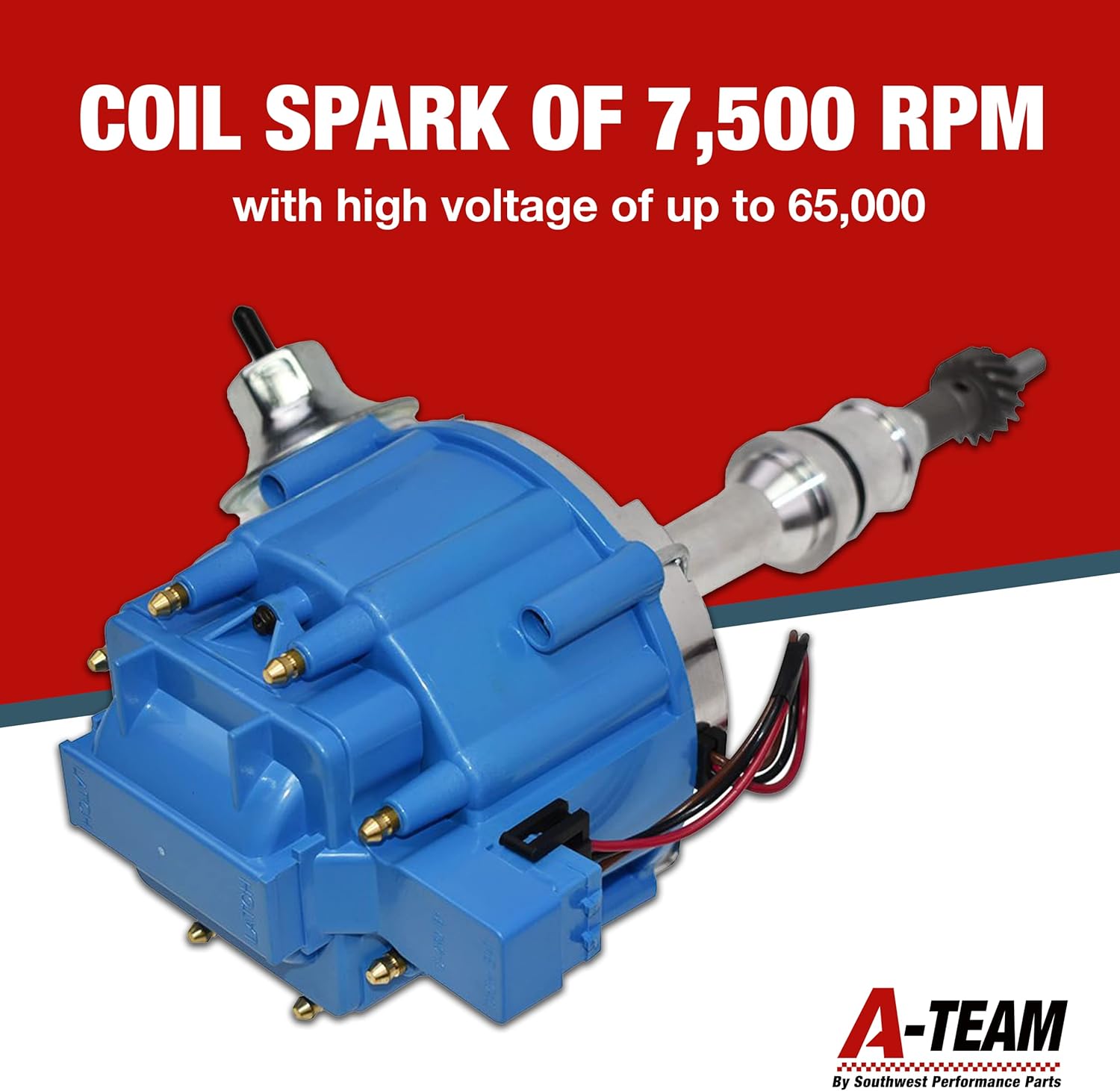 A-Team Performance HEI Electronic Distributor - 65K Spark & Performance Coil - One Wire Installation & Compatible with Ford 260/289/302/5.0 V8 - Blue Distributor Cap & CNC Aluminum Shaft - Pack of 1