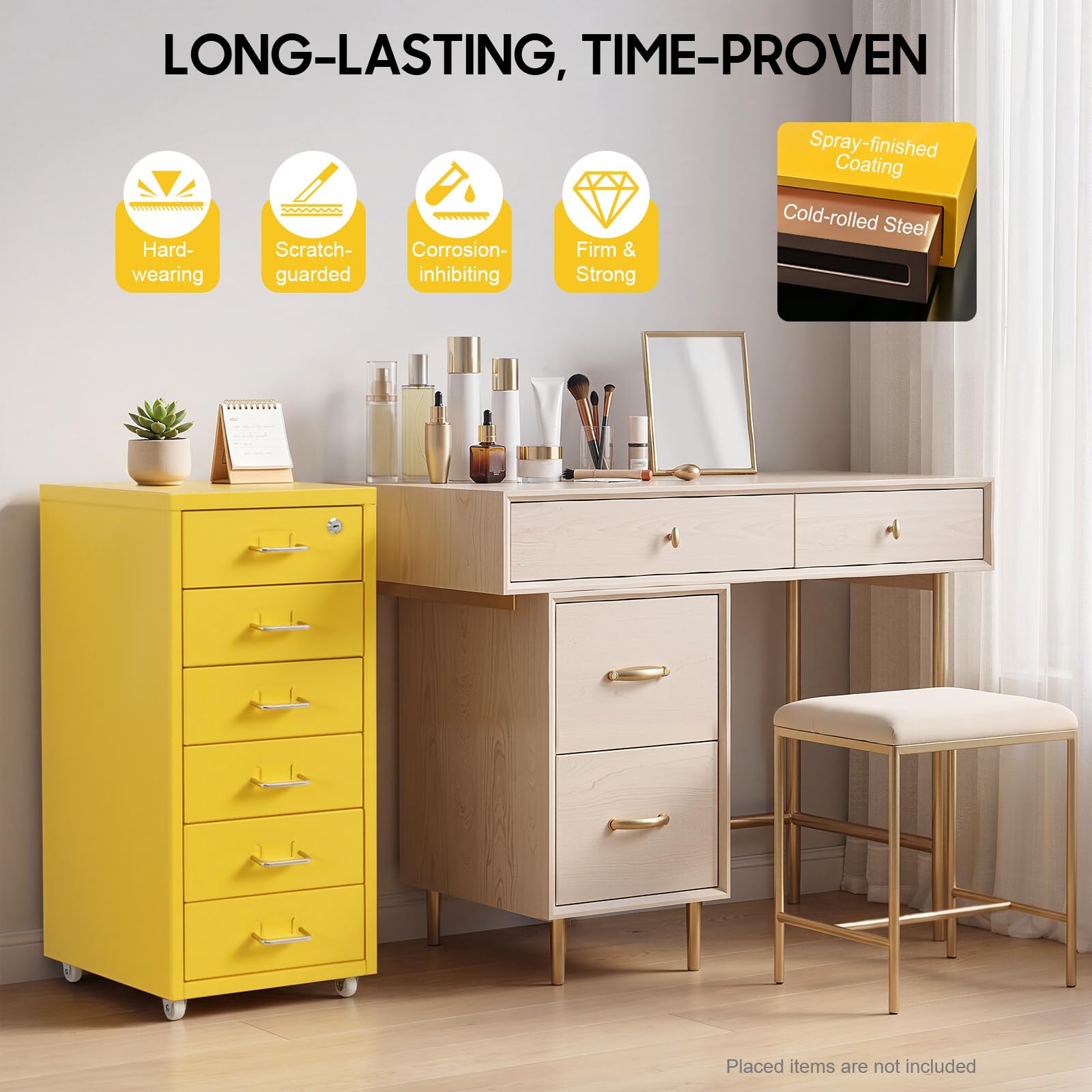 Cassettiera con 6 cassetti in metallo richiudibile (giallo), 28 x 41 x 69 cm, superficie liscia, armadietto mobile, molto spazio, per ufficio, casa, scuola