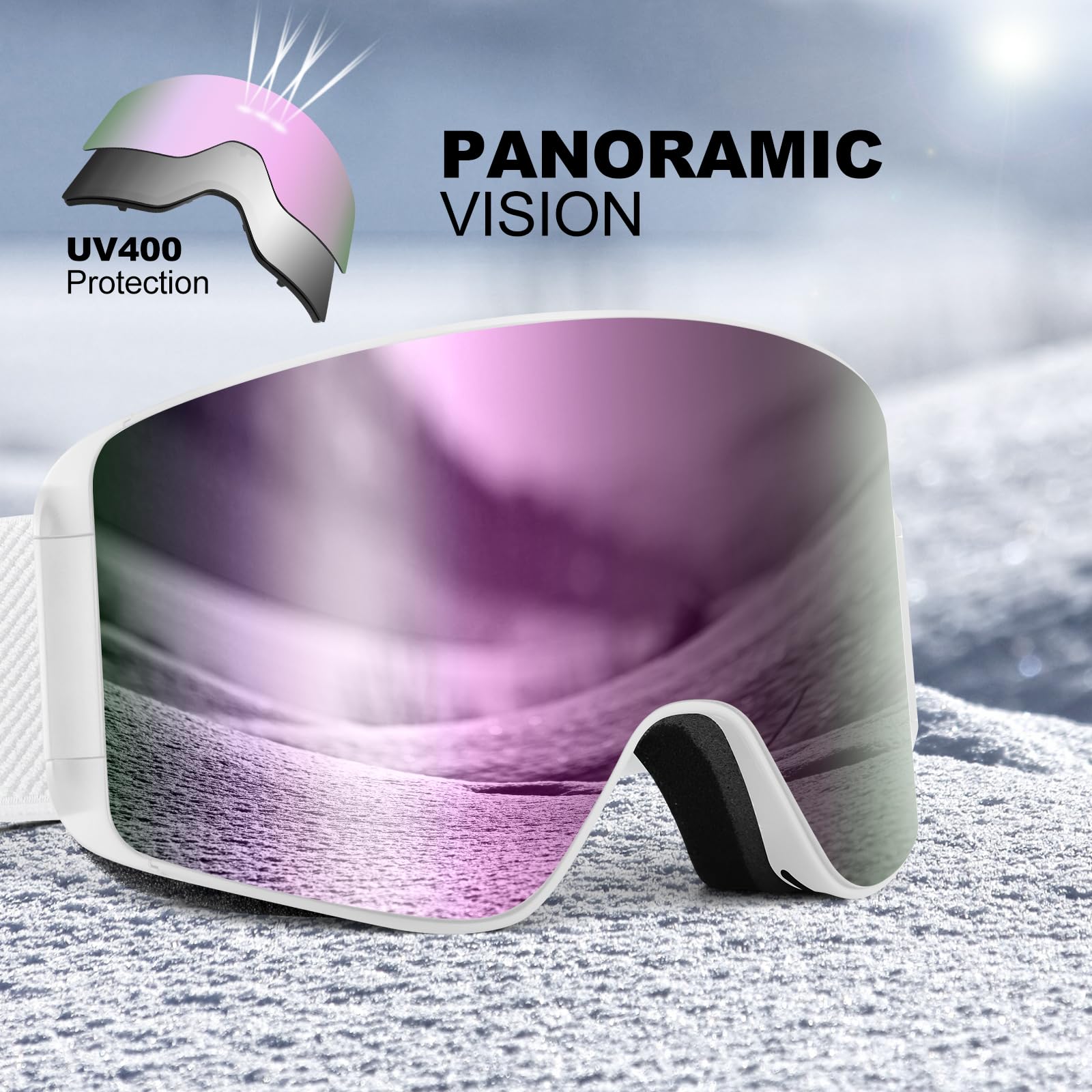 Odoland Kit di Maschera da sci con Lente Rimovibile, Lenti Intercambiabili Magnetico Senza Cornice, Occhiali da Sci Anti-nebbia con Protezione UV400, per Uomini e Donne, Compatibile con Casco